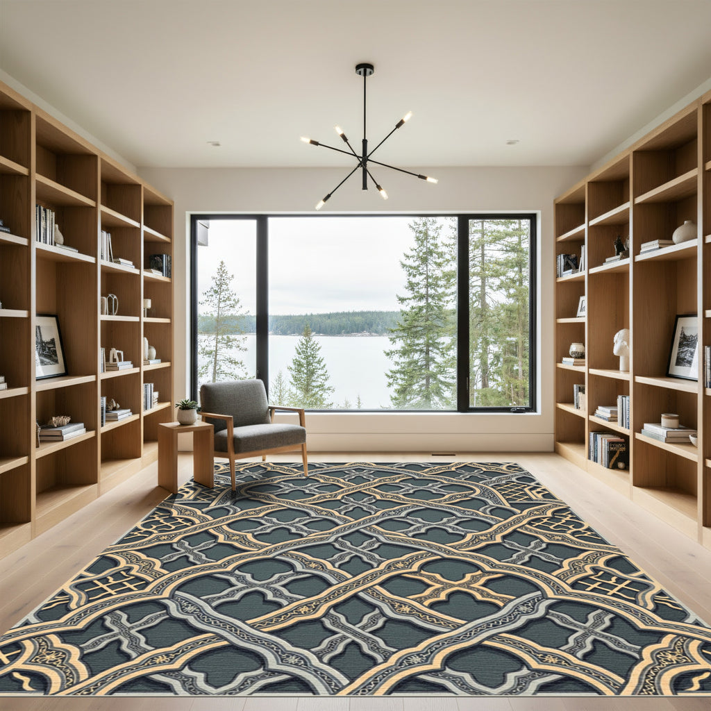 Intricate Golden Arched Lattice Gray Rug
