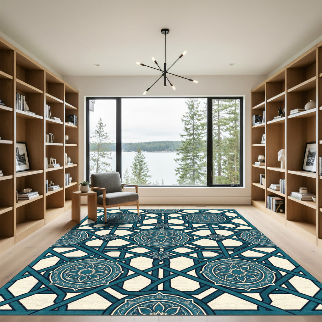 Teal Geometric Intertwined Floral Medallion Rug