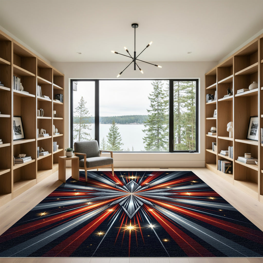 Radiant Red Silver Starburst Rays Rug