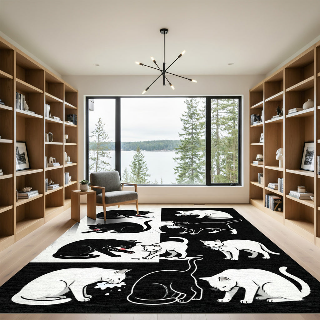 Black White Feline Playful Companions Rug