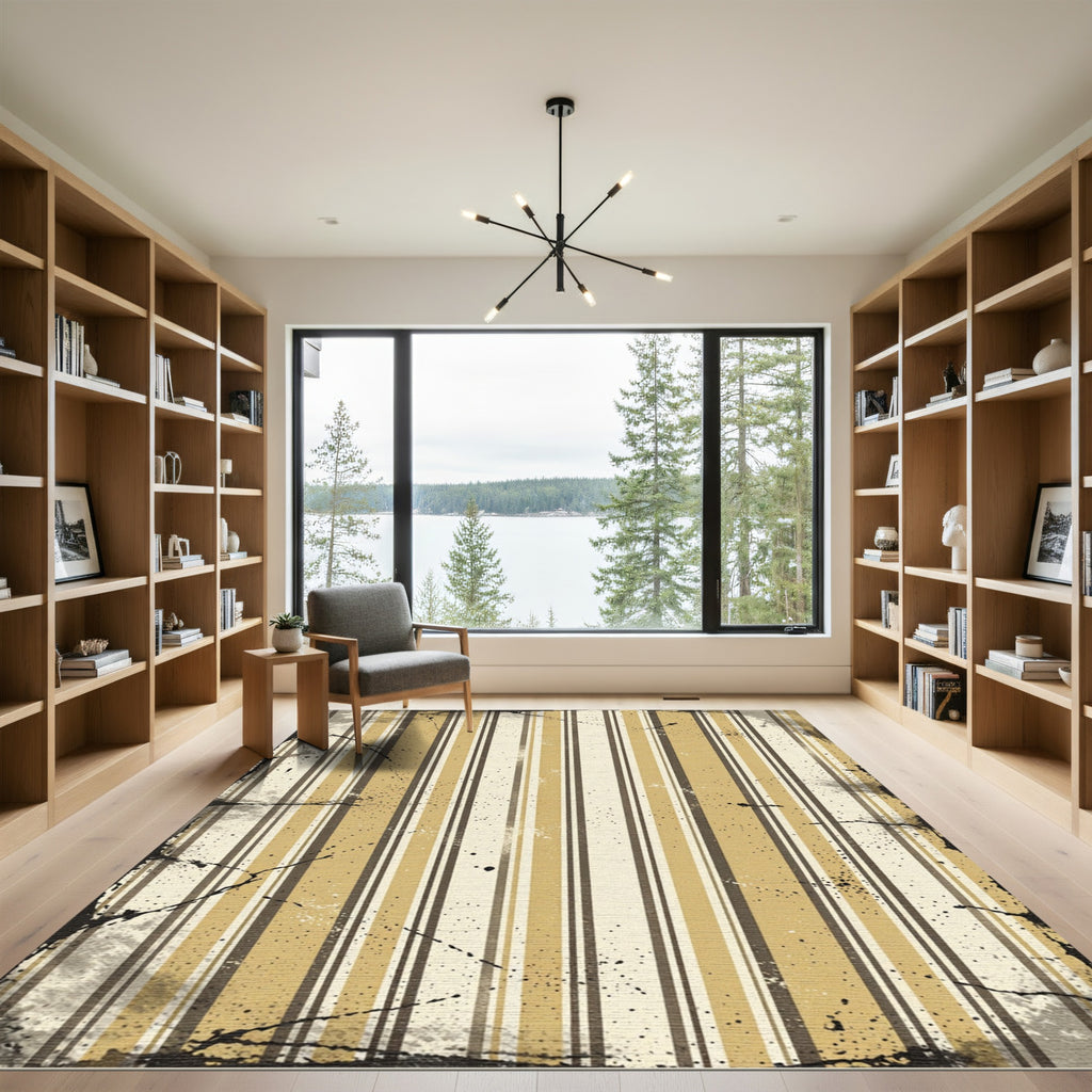 Distressed Ochre and Brown Vertical Stripes Rug