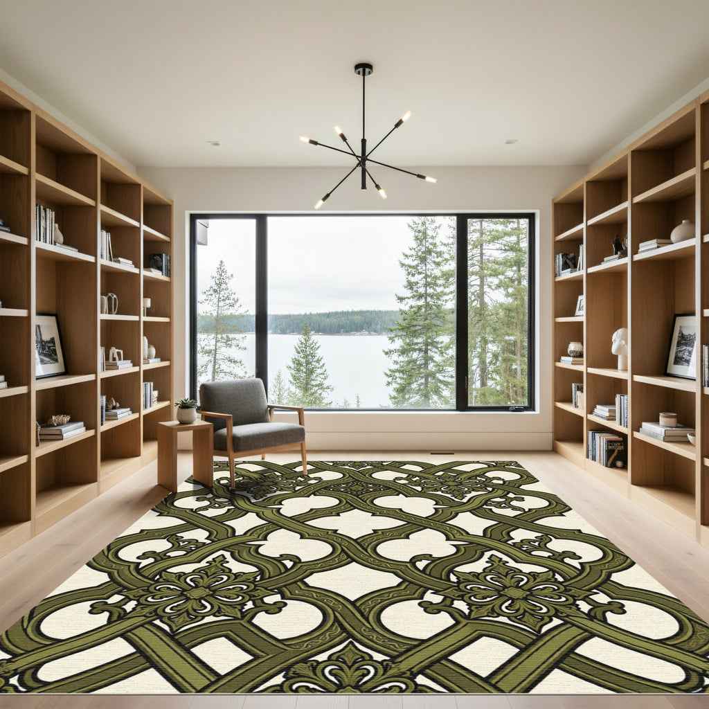 Ornate Olive Green Interlocking Lattice Rug