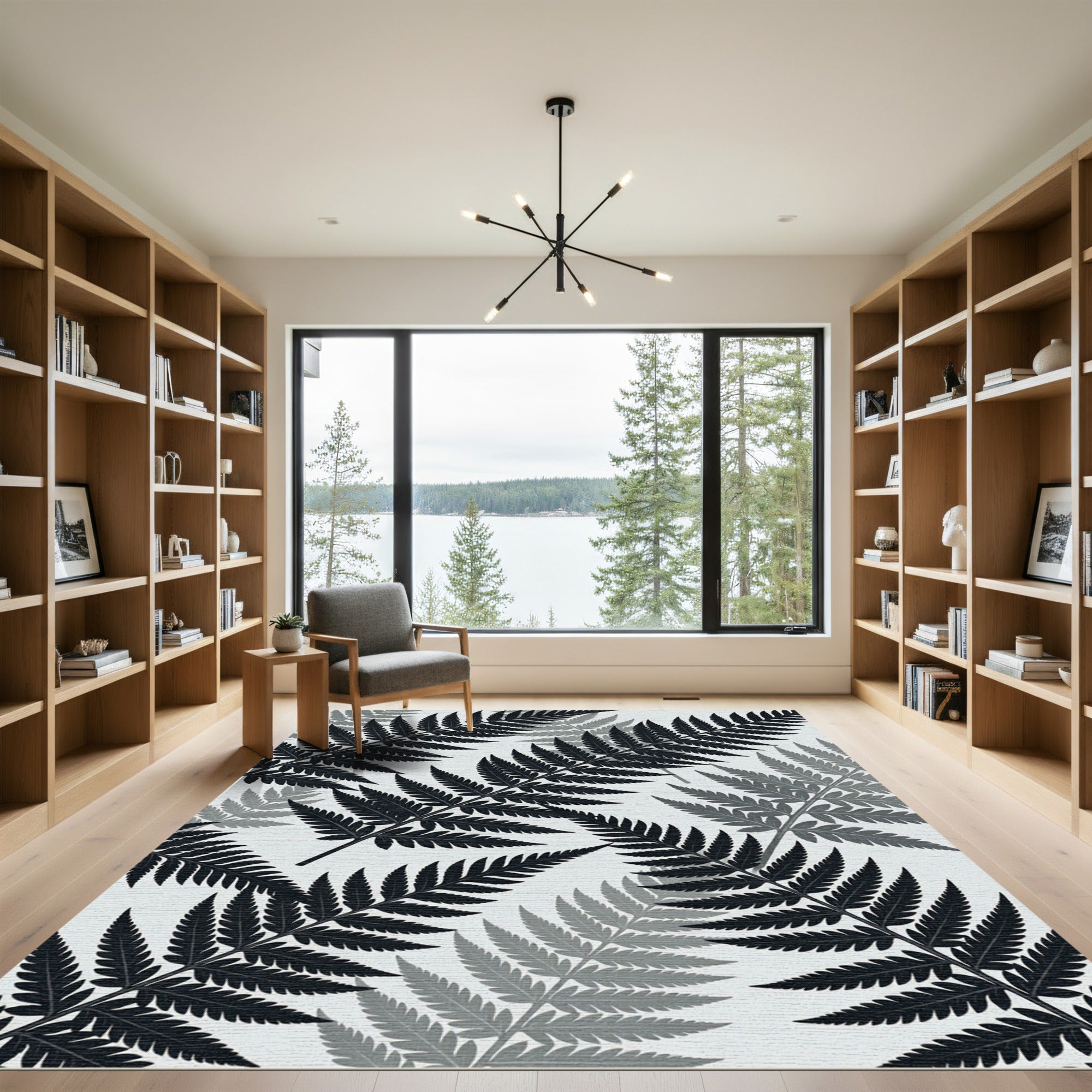 Monochromatic Charcoal Botanical Fern Leaf Rug
