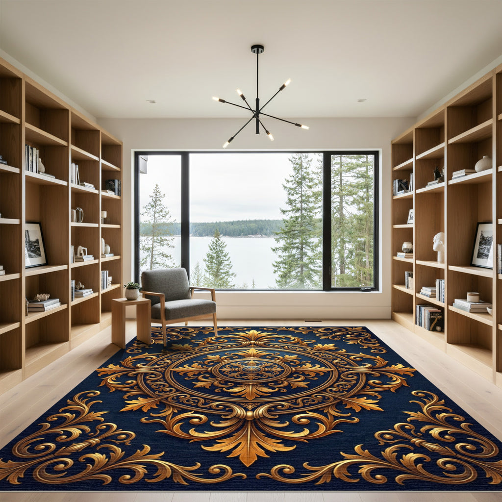 Midnight Navy Golden Baroque Medallion Rug
