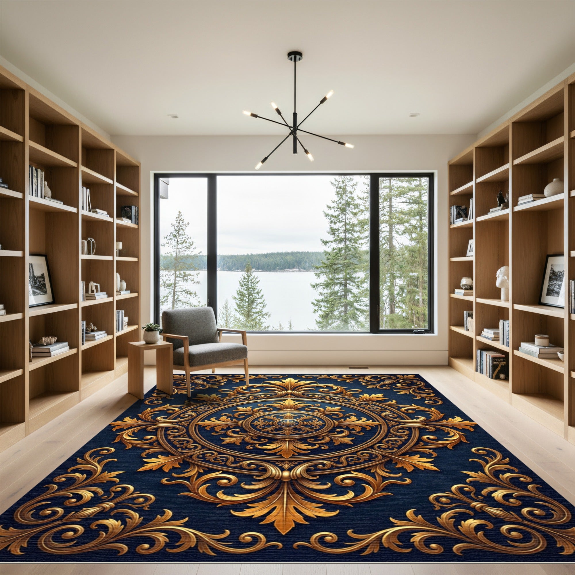 Midnight Navy Golden Baroque Medallion Rug