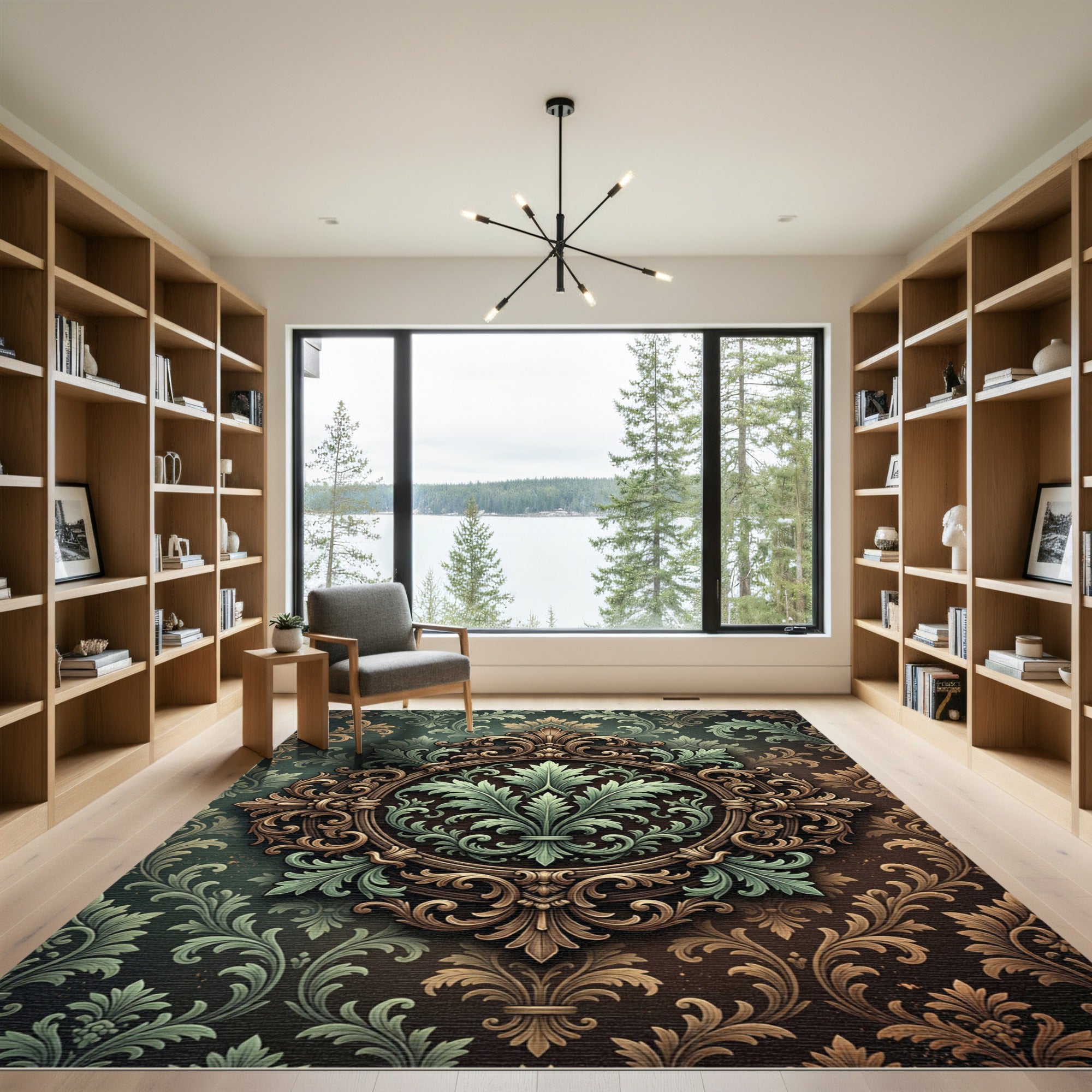 Elegant Sage Green Ornate Damask Medallion Rug