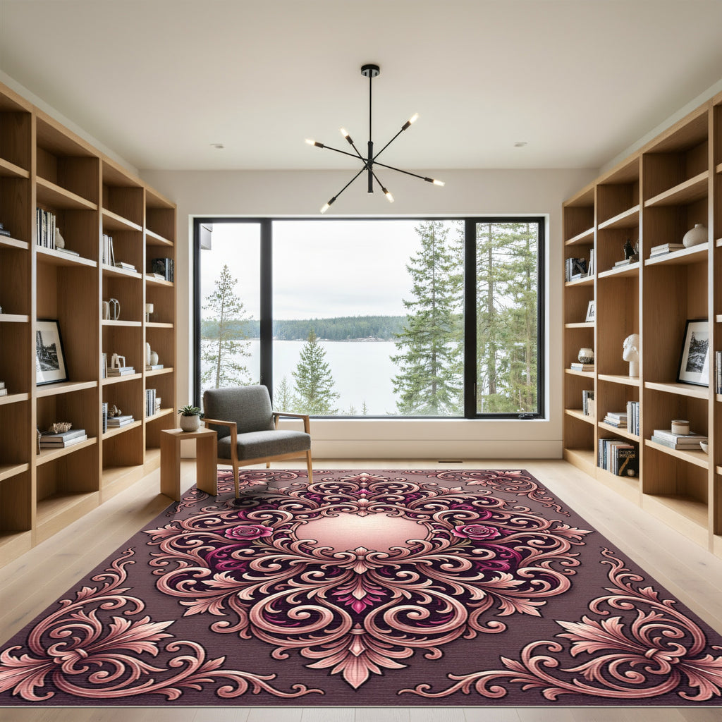 Ornate Rose and Scrollwork Framed Rug