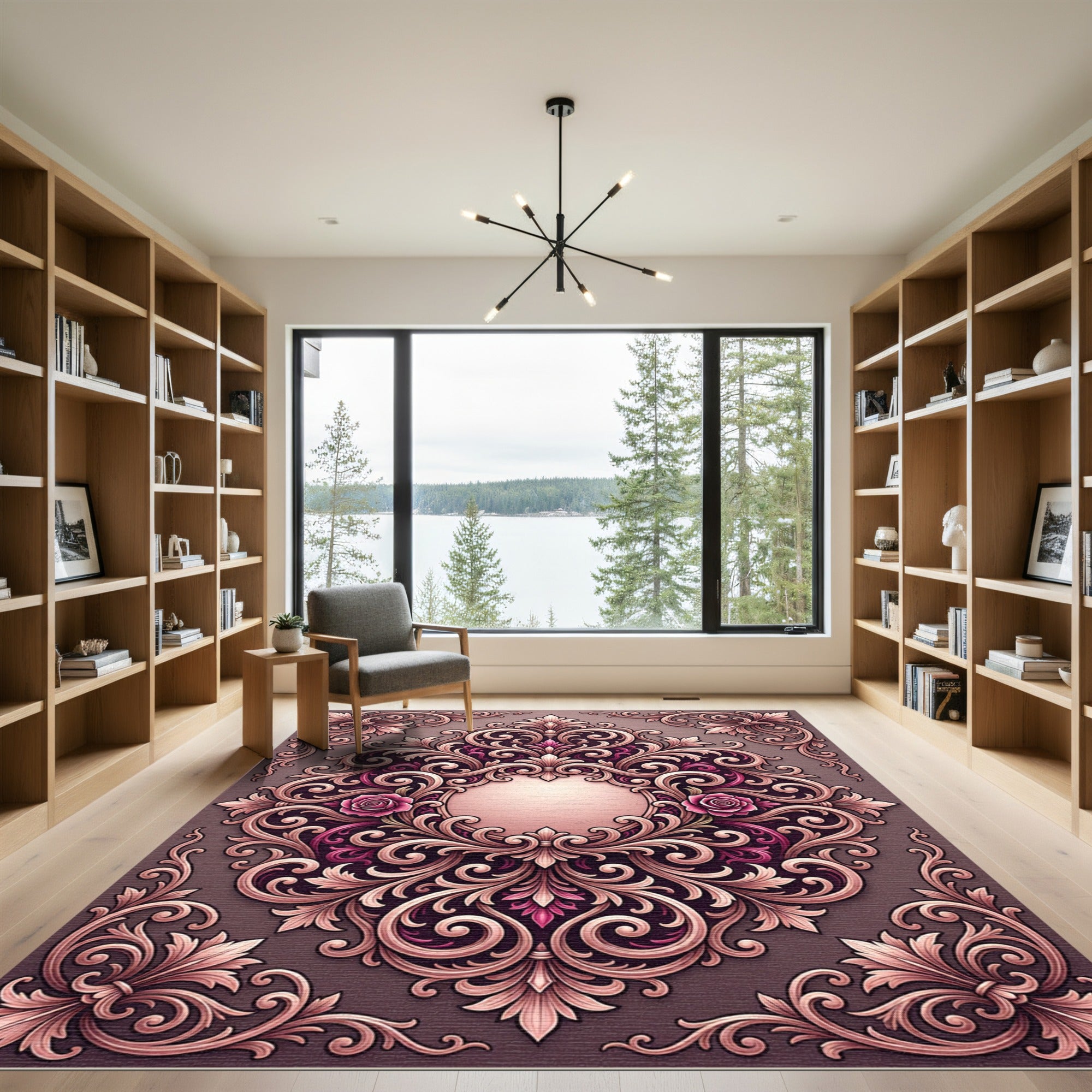 Ornate Rose and Scrollwork Framed Rug