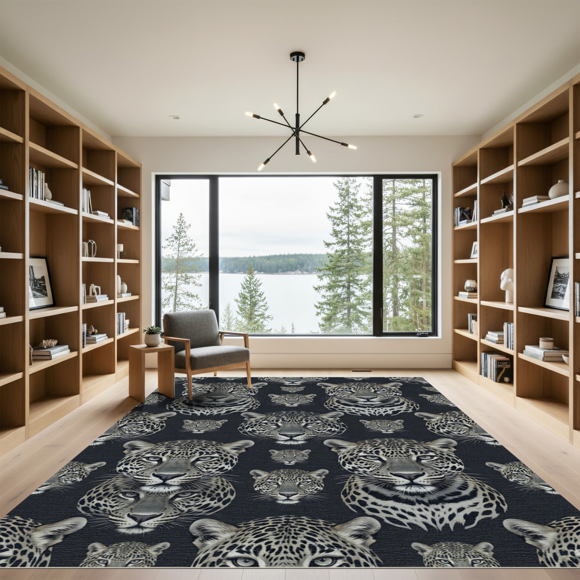 Monochrome Leopard Portrait Geometric Repeat Rug