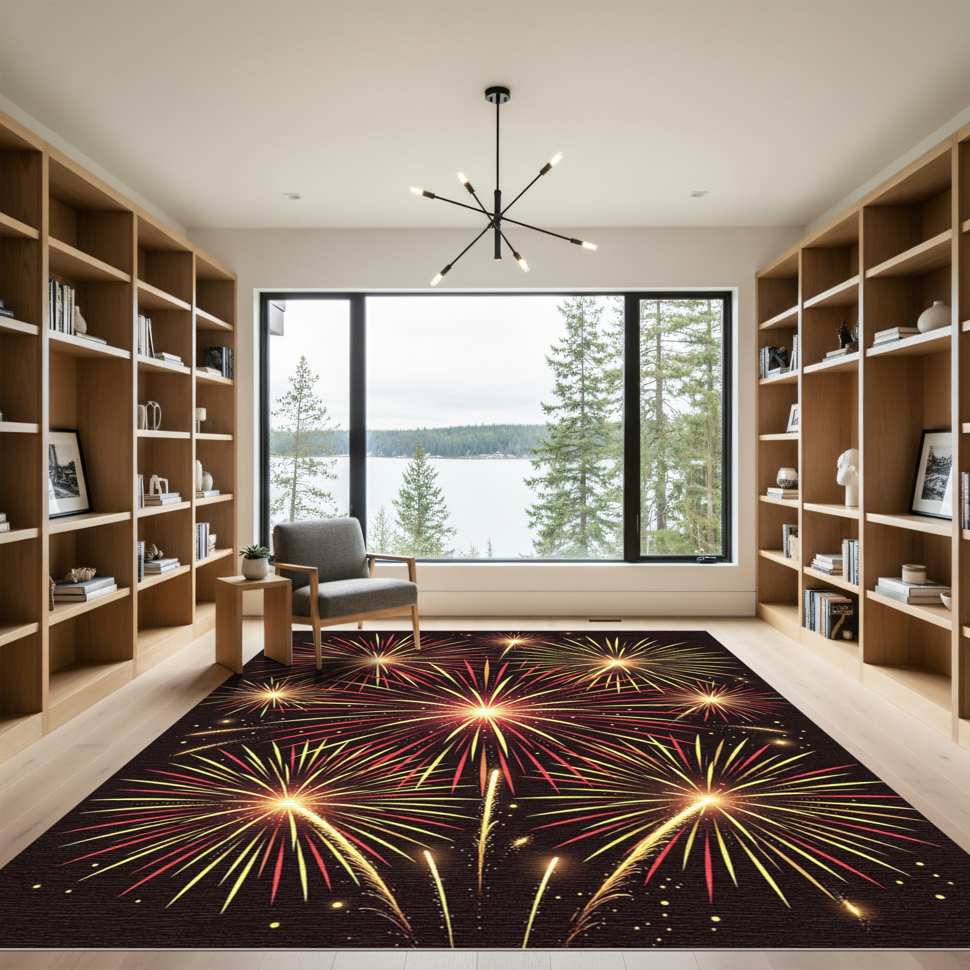 Golden Red Bursting Fireworks Celebration Rug