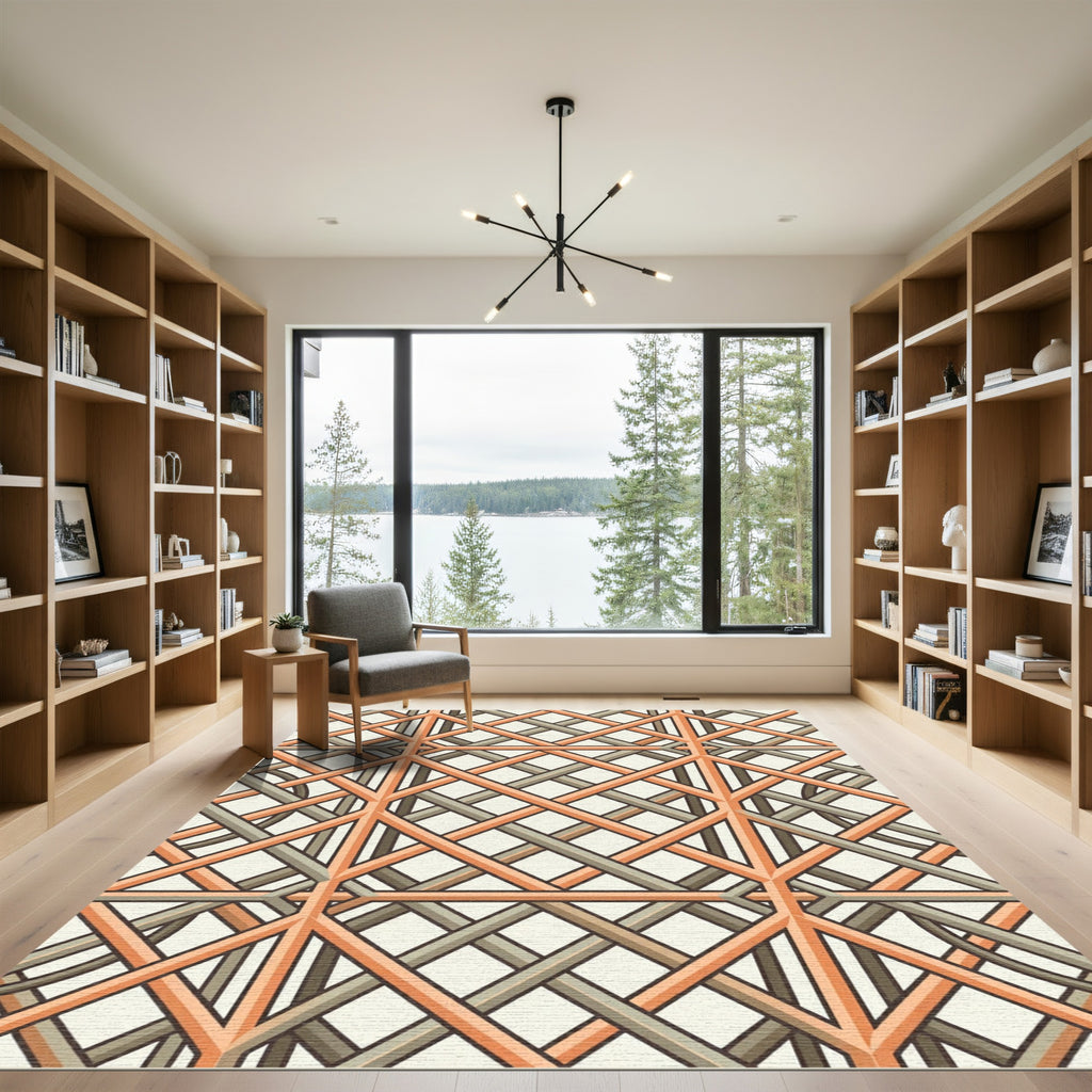 Geometric Peach and Slate Lattice Rug