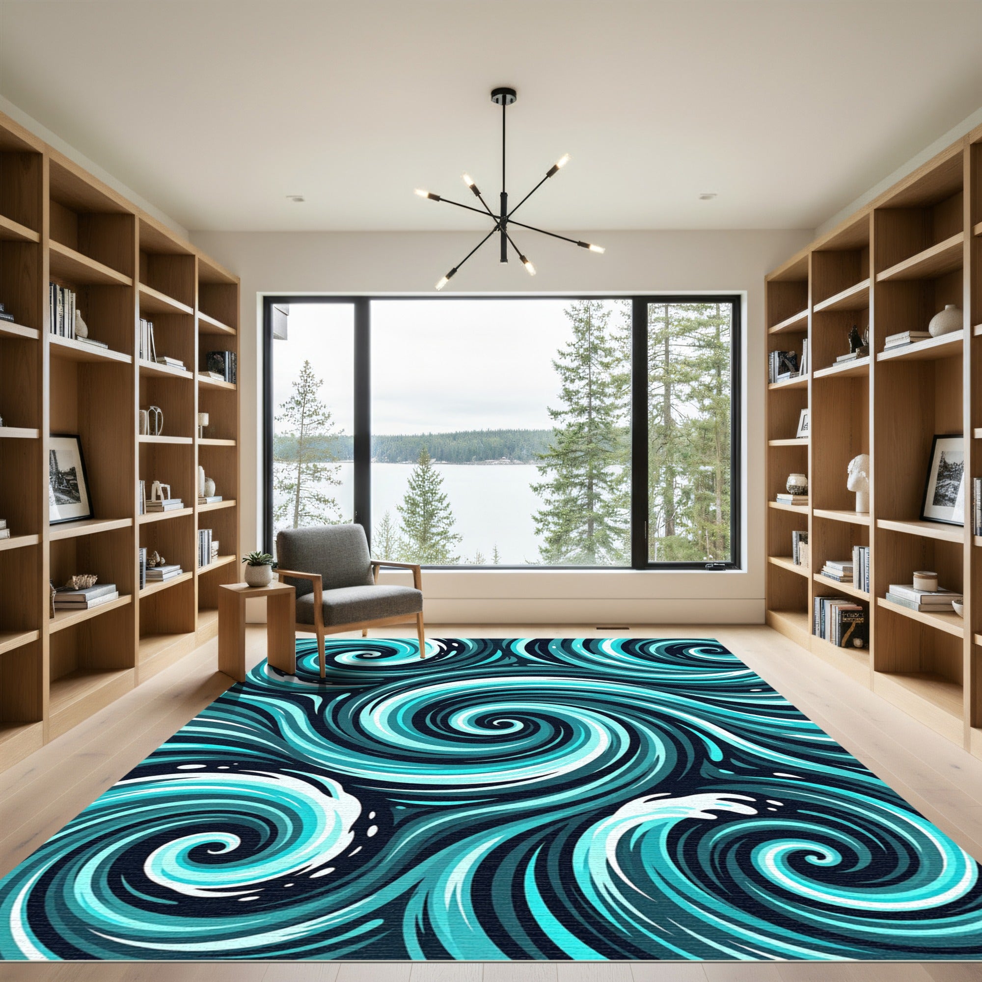 Abstract Cyan Swirl Ocean Wave Art Rug