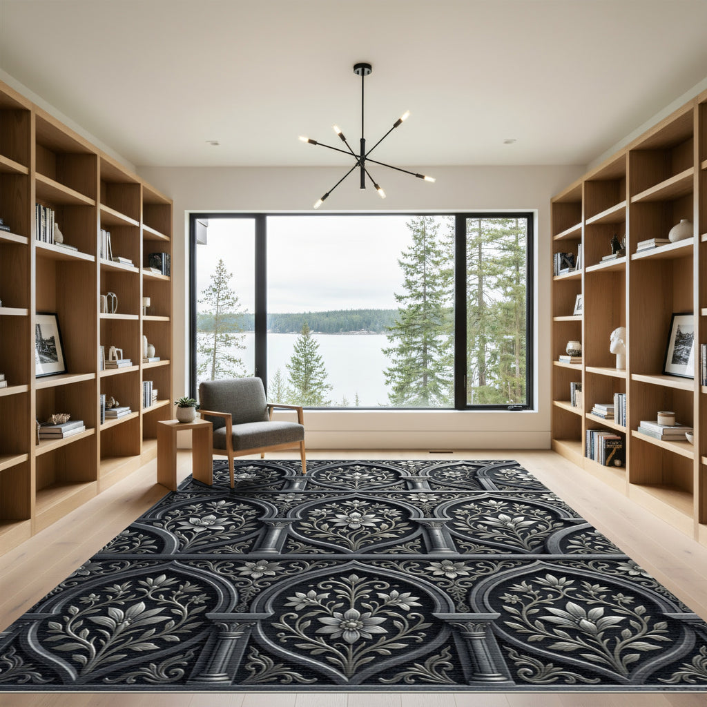 Gray Ornate Floral Arch Relief Rug