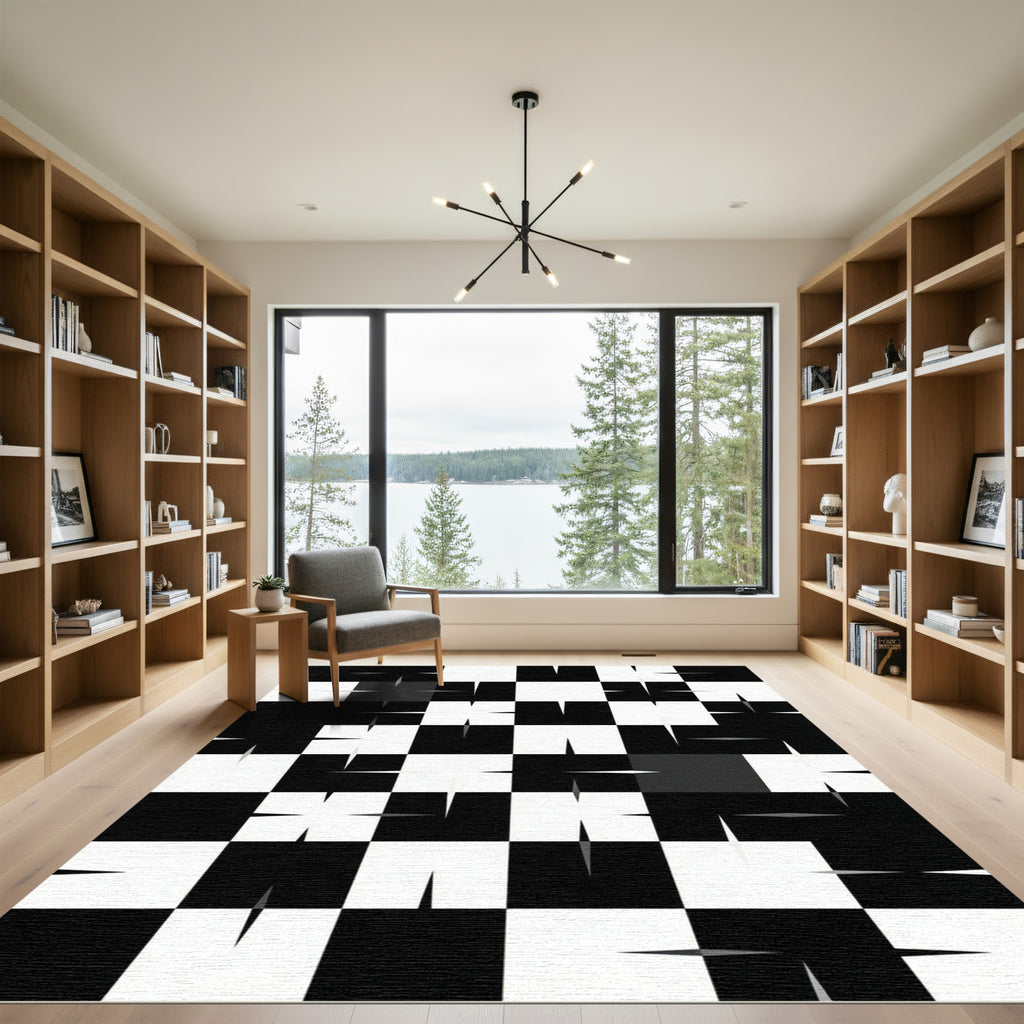 Black White Checkerboard Starburst Rug