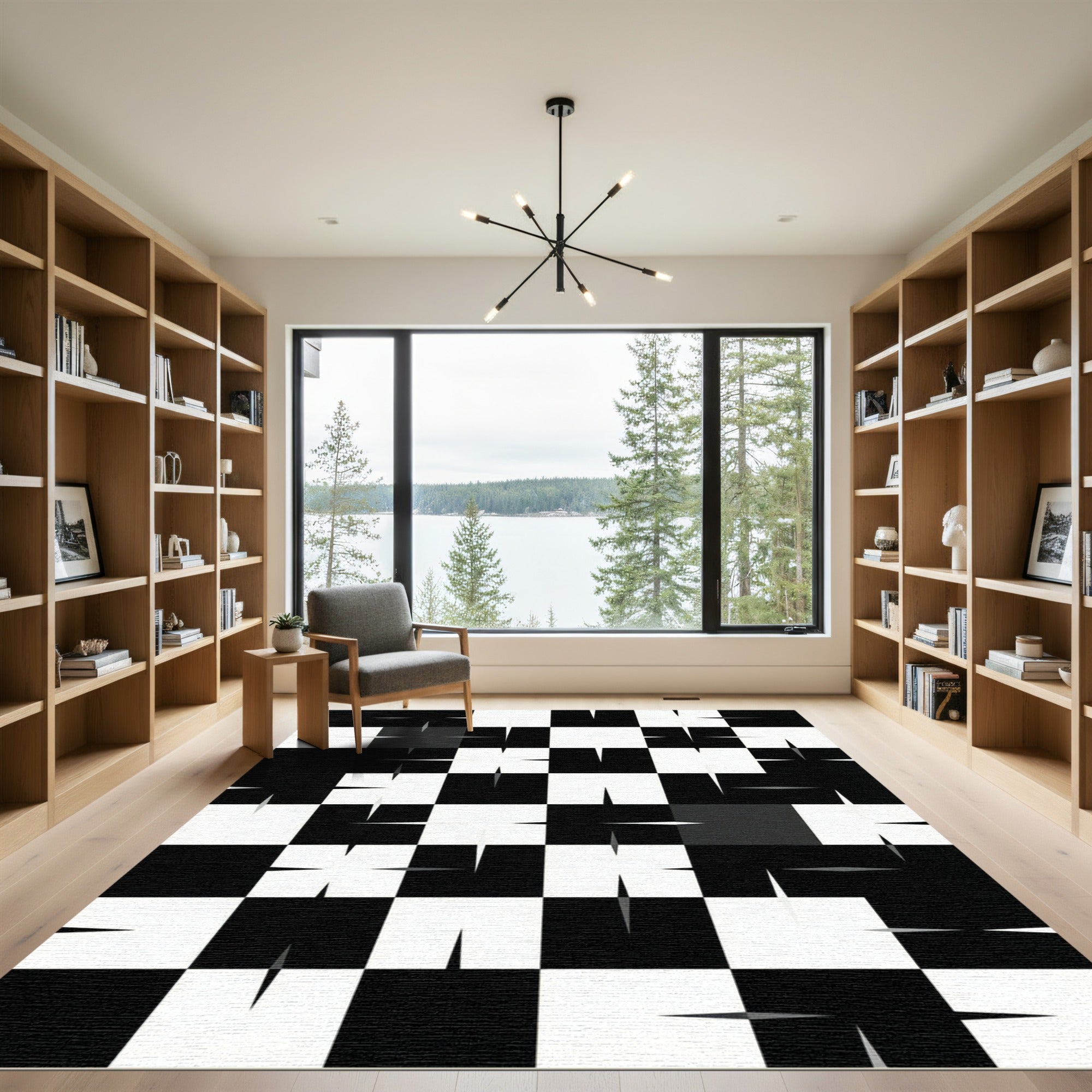 Black White Checkerboard Starburst Rug