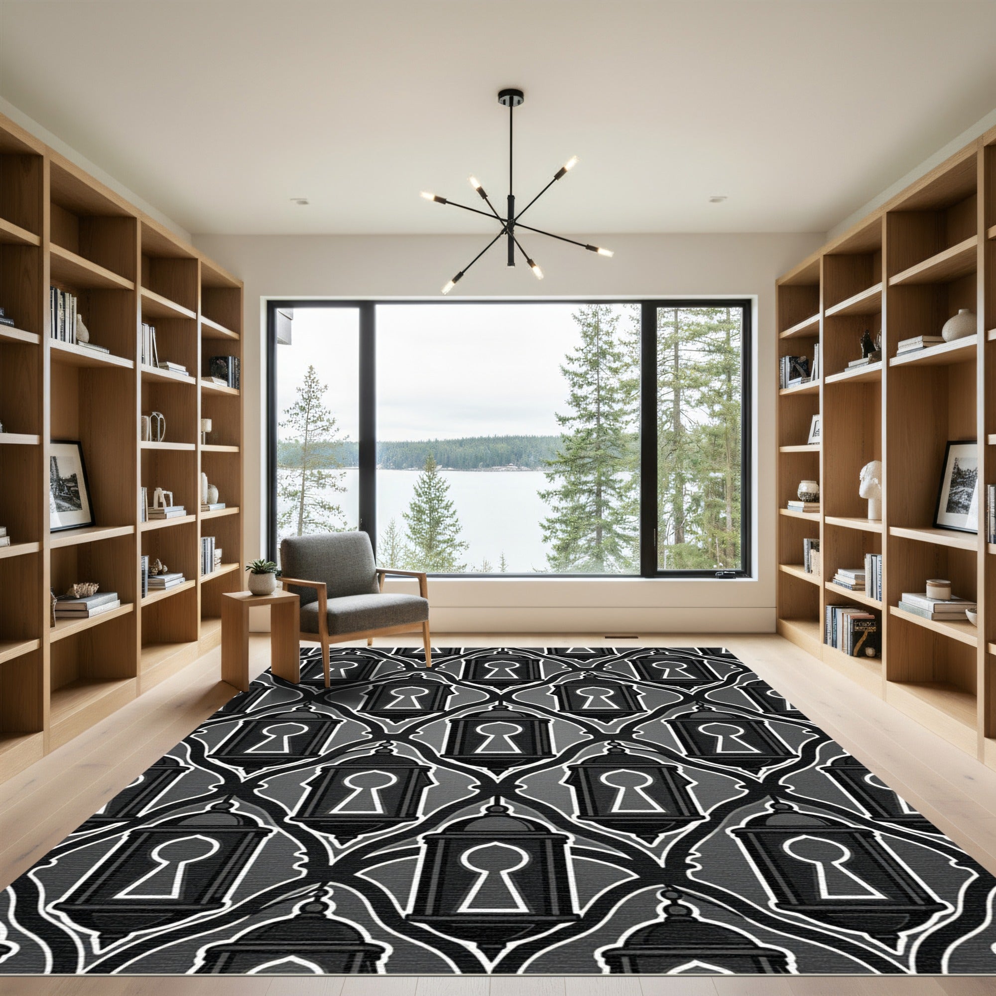 Black Gray Lantern Lattice Pattern Rug