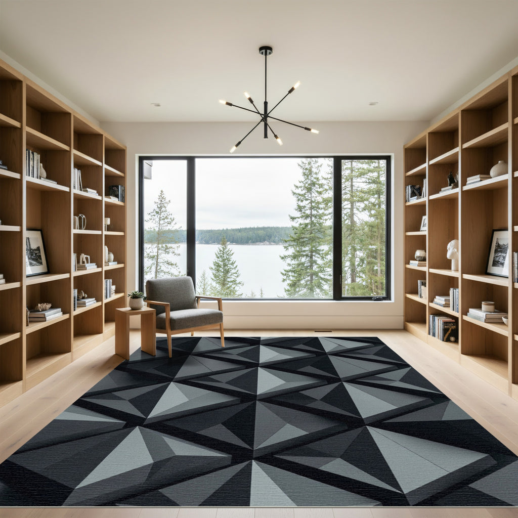 Charcoal Gray Interlocking Geometric Shards Rug