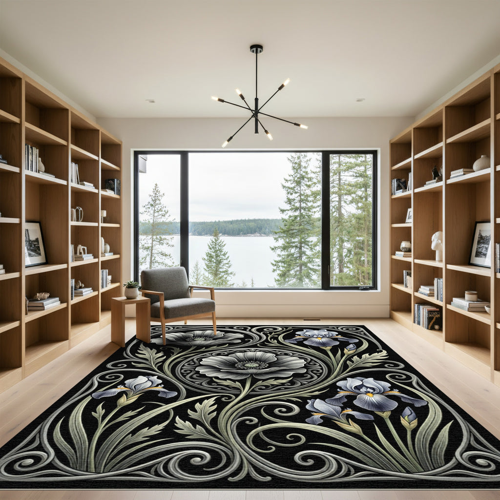 Elegant Monochromatic Iris Poppy Scrollwork Rug