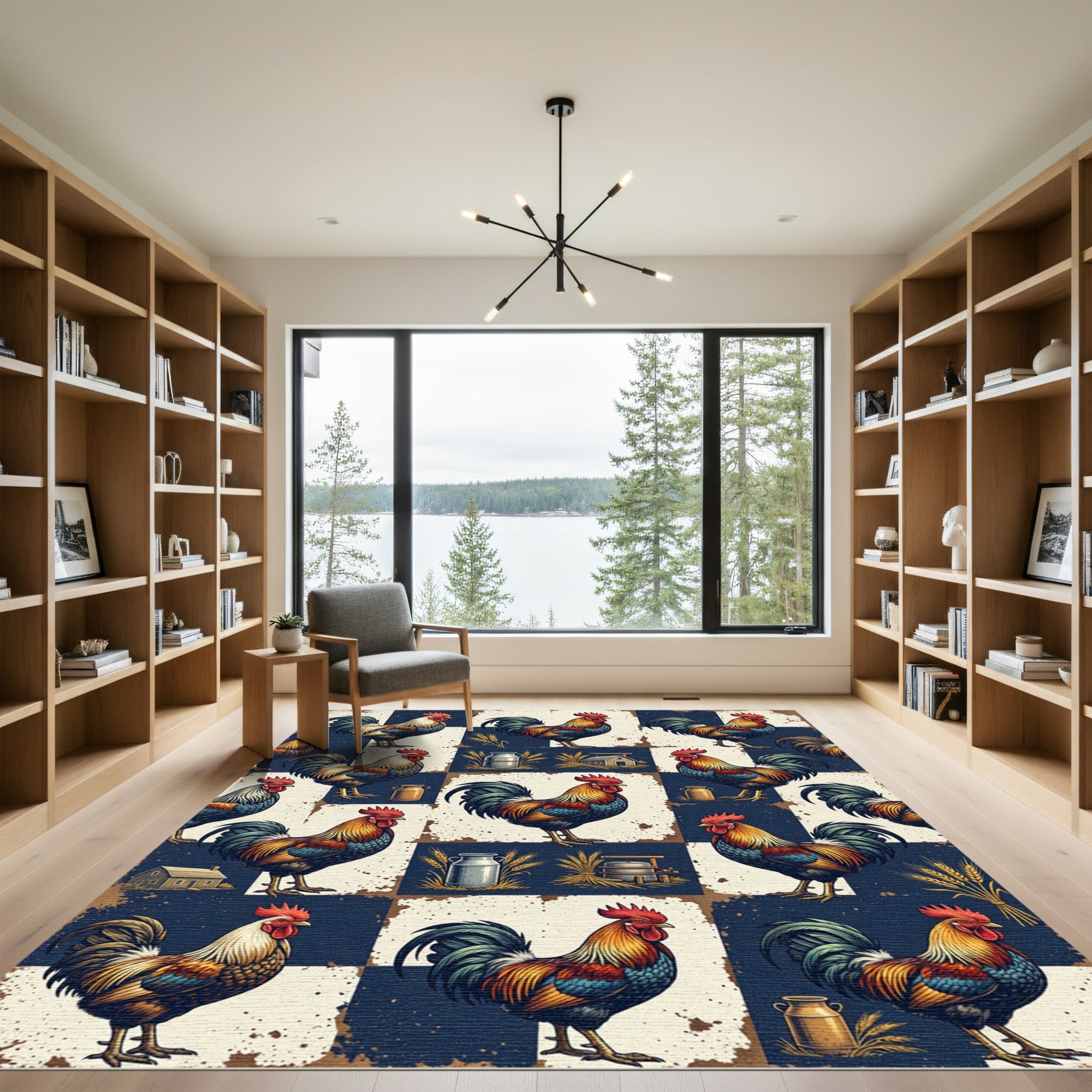 Rustic Rooster Farmhouse Navy Check Rug