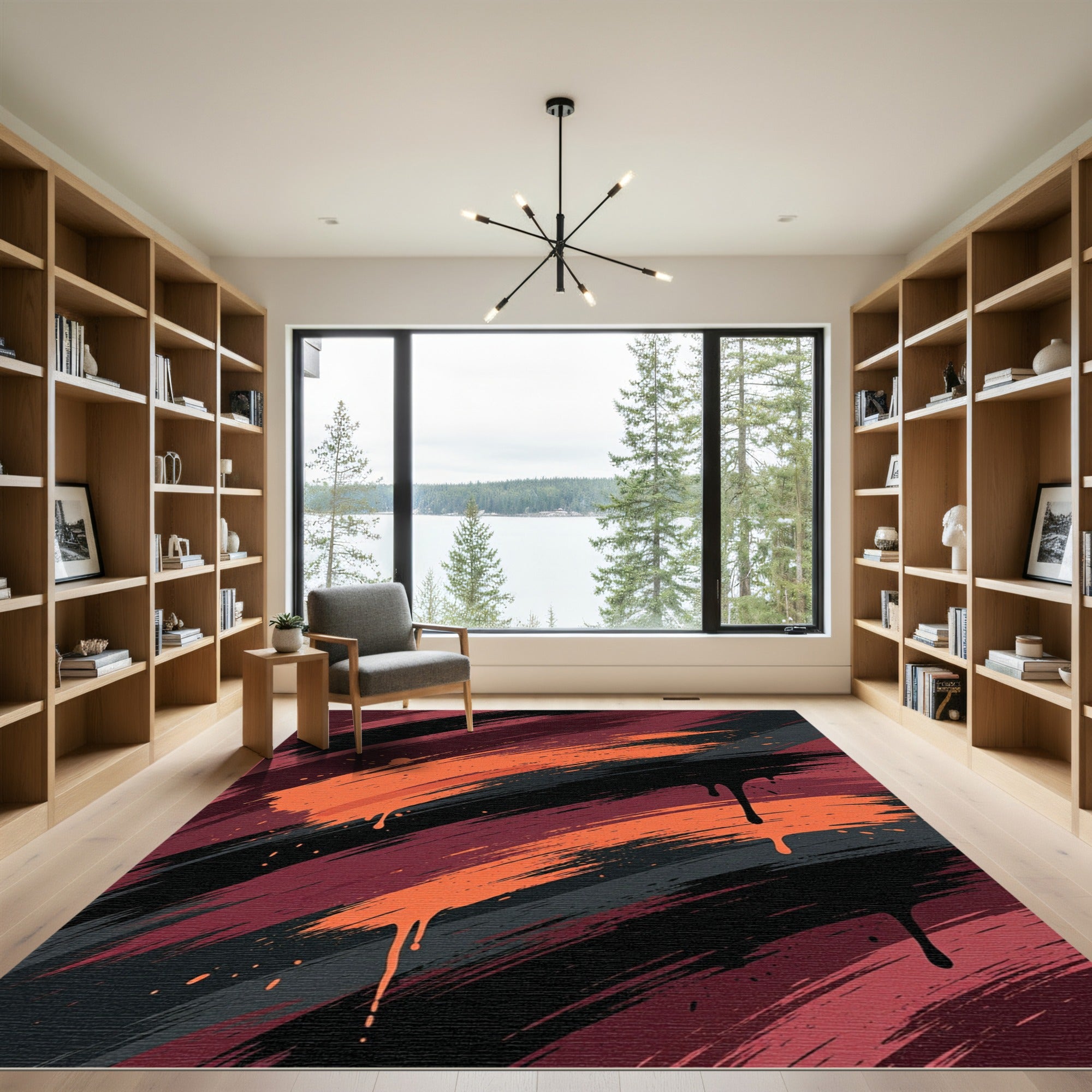 Crimson Orange Black Brushstroke Drip Rug