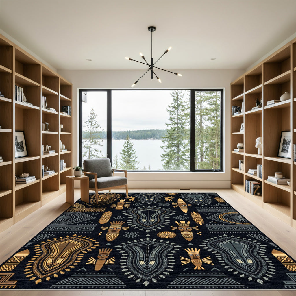 Tribal Masks And Birds Golden Gray Rug