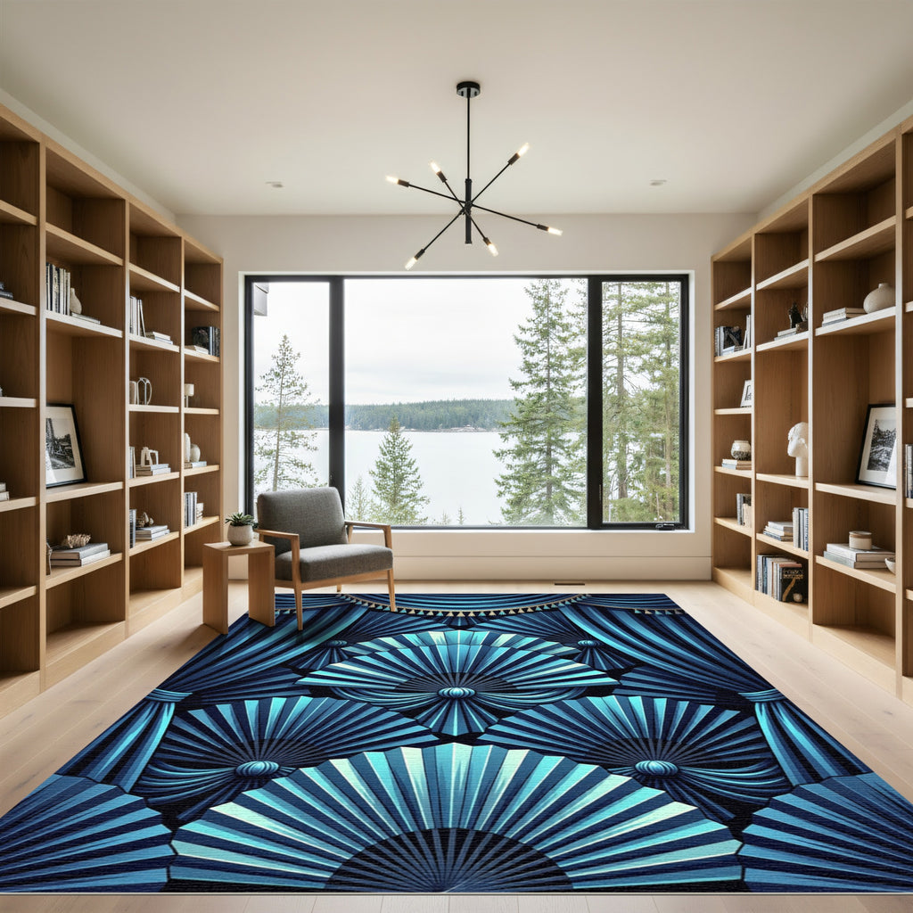 Deep Blue Fan Drape Art Rug