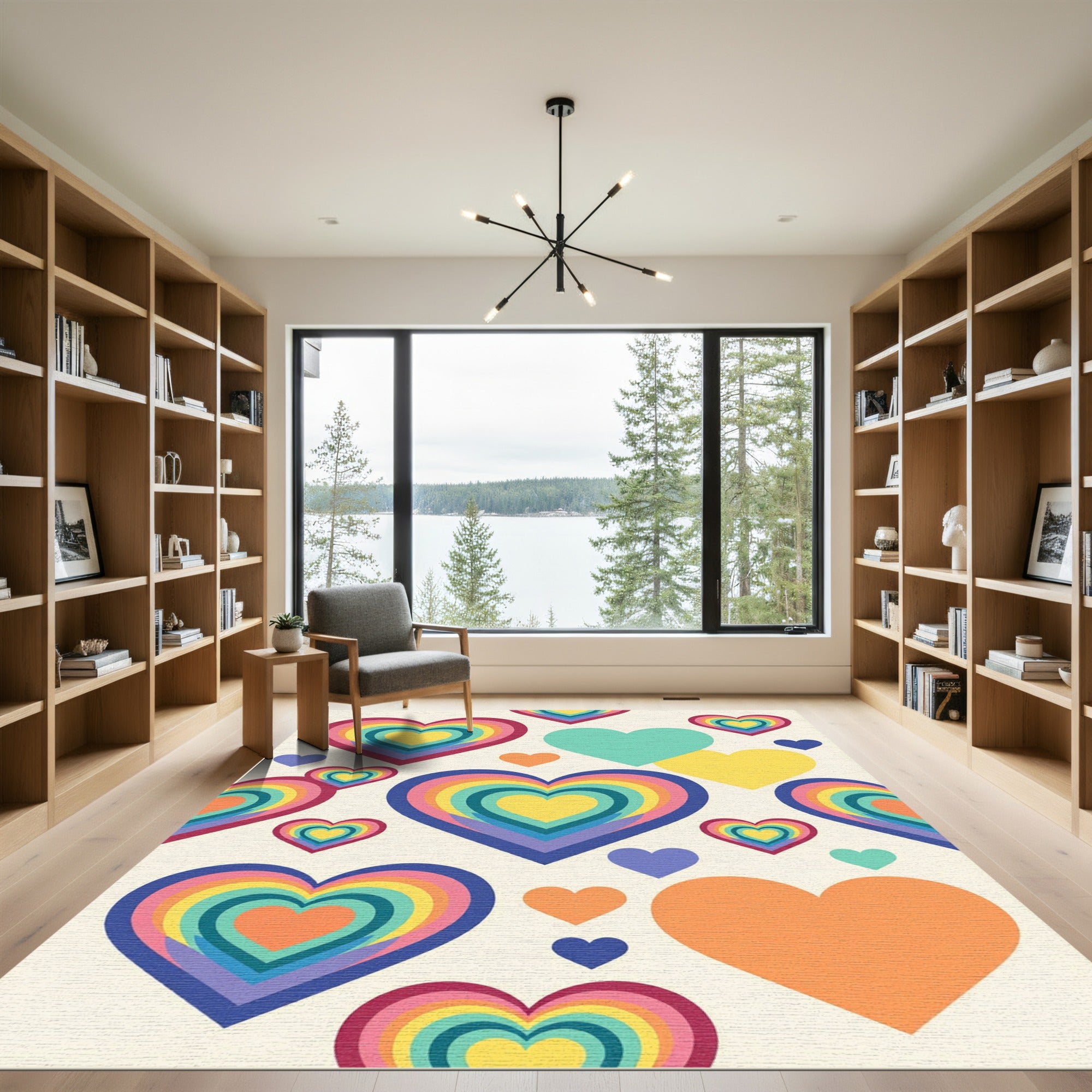 Vibrant Rainbow Layered Heart Abstract Rug