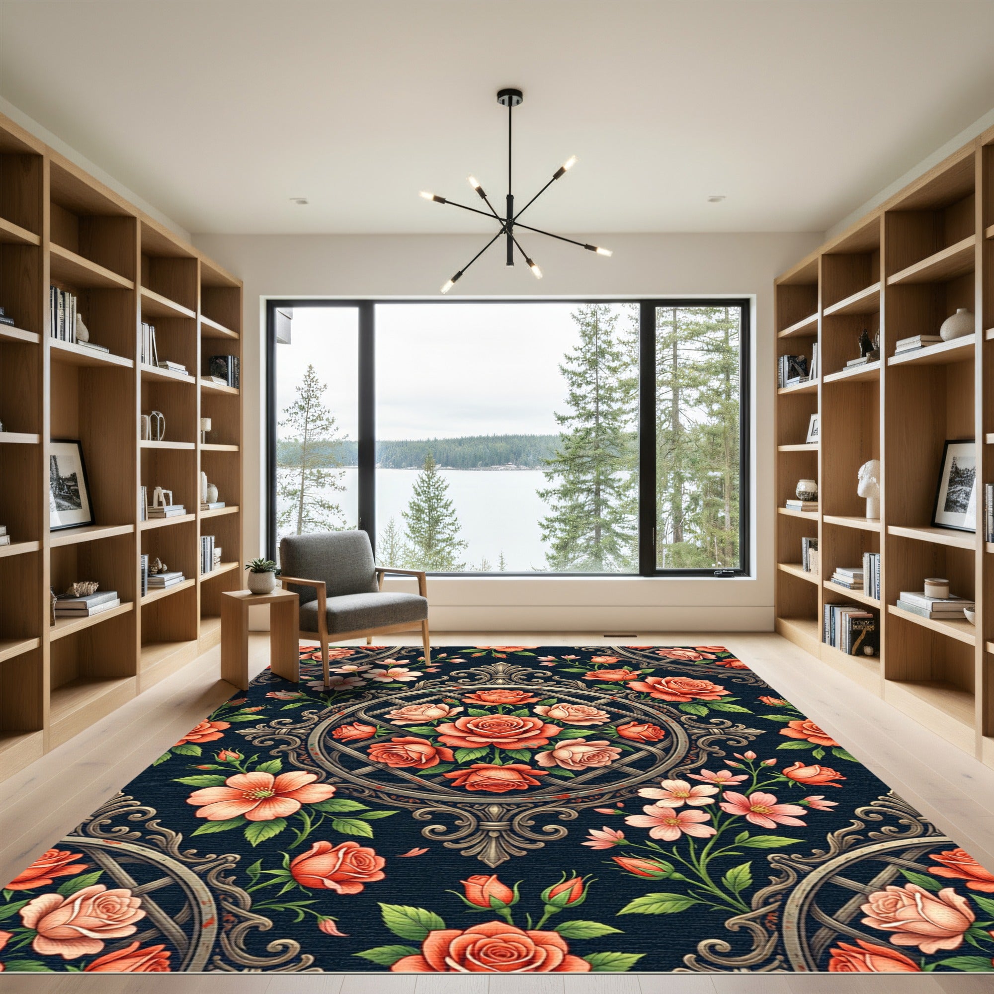Elegant Coral Rose Trellis Medallion Rug