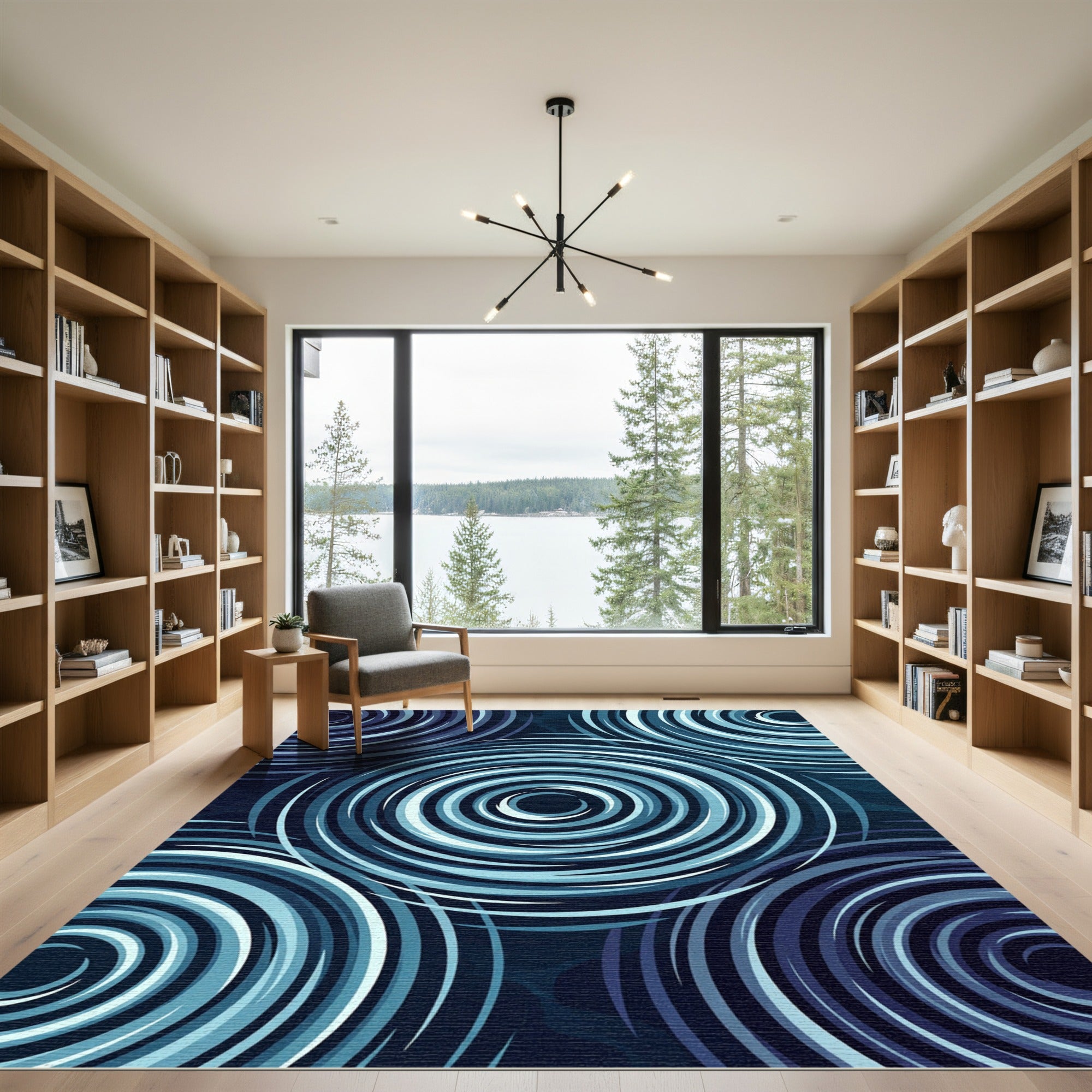 Deep Blue Swirl Concentric Circles Rug
