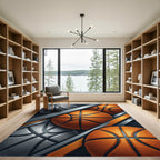 Dynamic Orange and Silver Basketball Spheres Rug