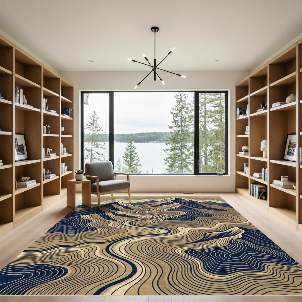 Earthy Blue Layered Mountain Topographic Rug