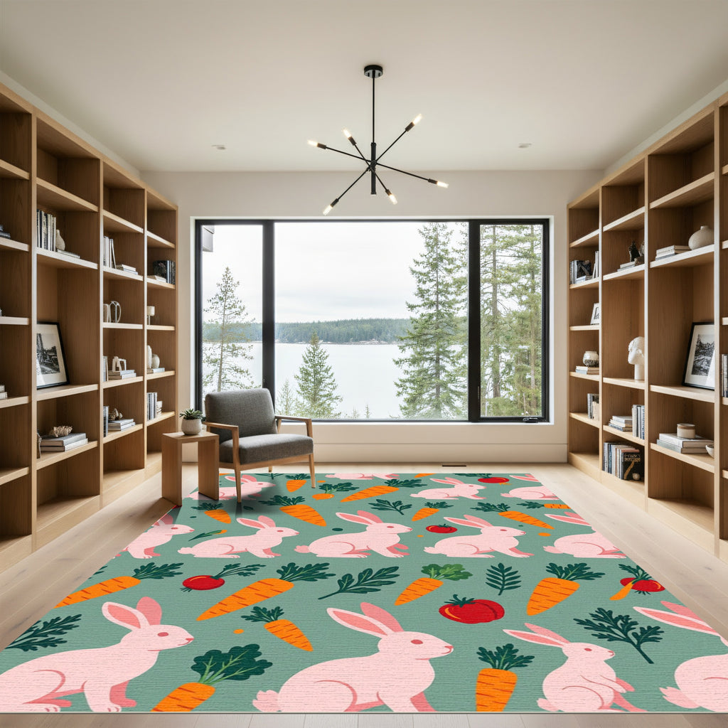 Playful Pink Rabbit and Carrot Sage Rug