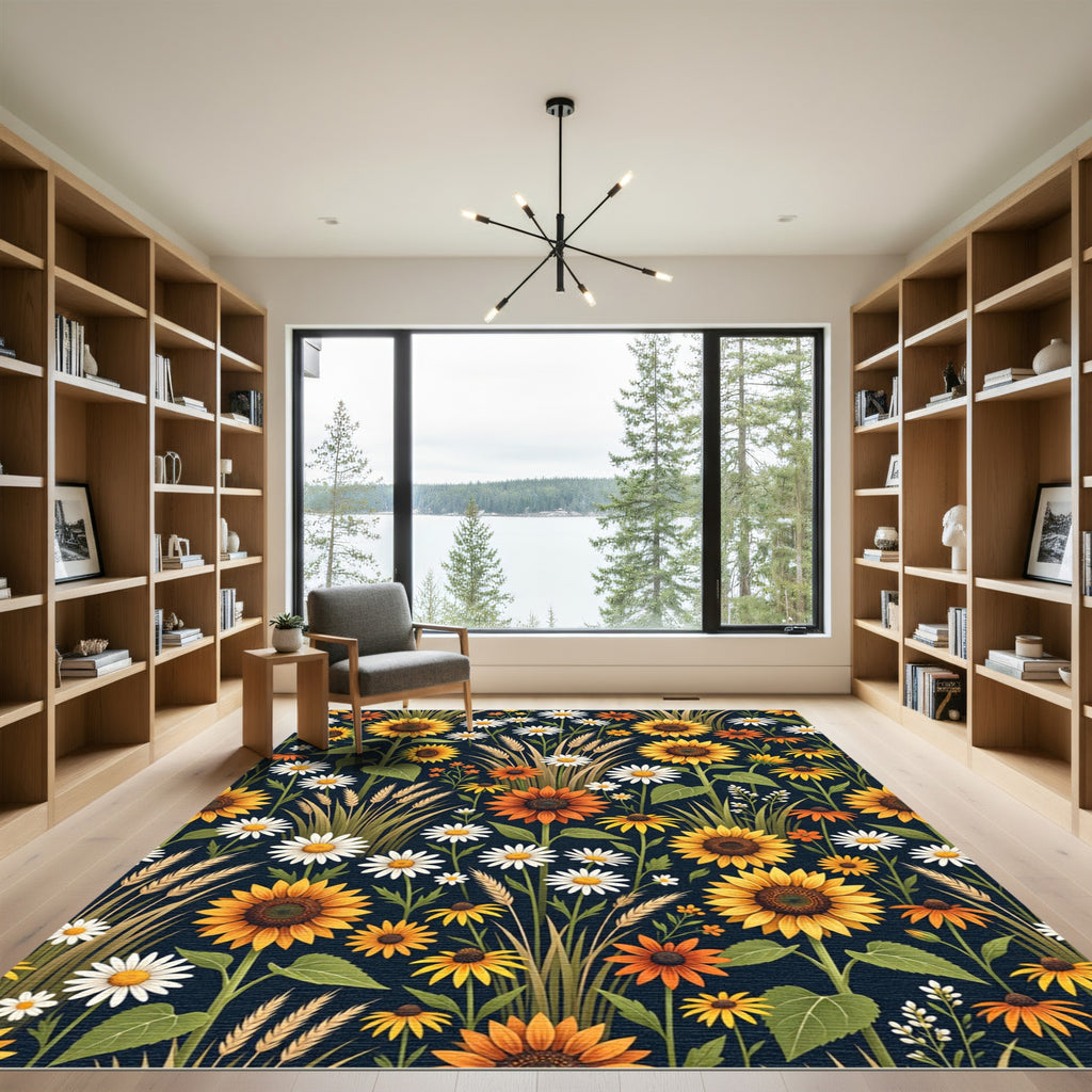 Golden Sunflower and Daisy Botanical Field Rug