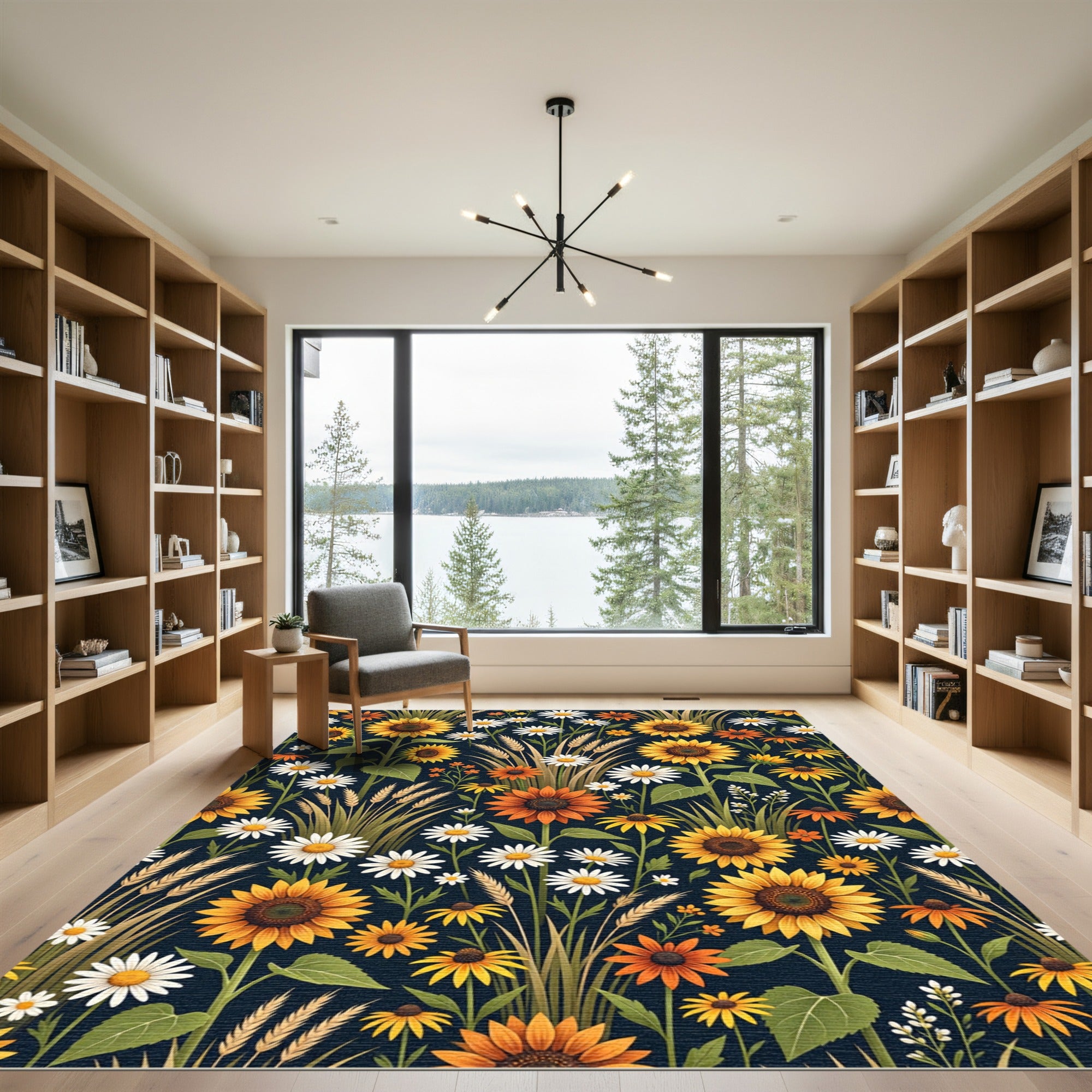 Golden Sunflower and Daisy Botanical Field Rug