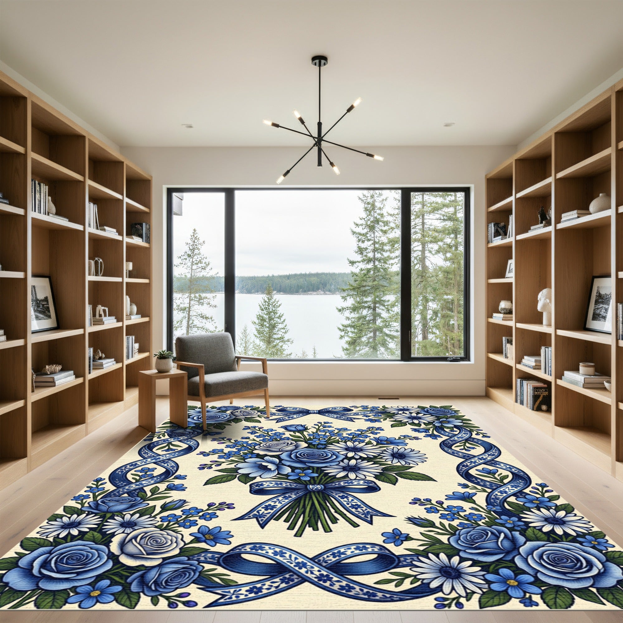 Elegant Blue Floral Ribbon Bouquet Rug