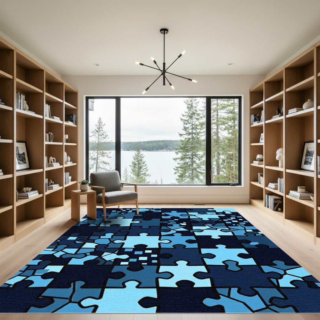 Abstract Blue Interlocking Jigsaw Tile Rug