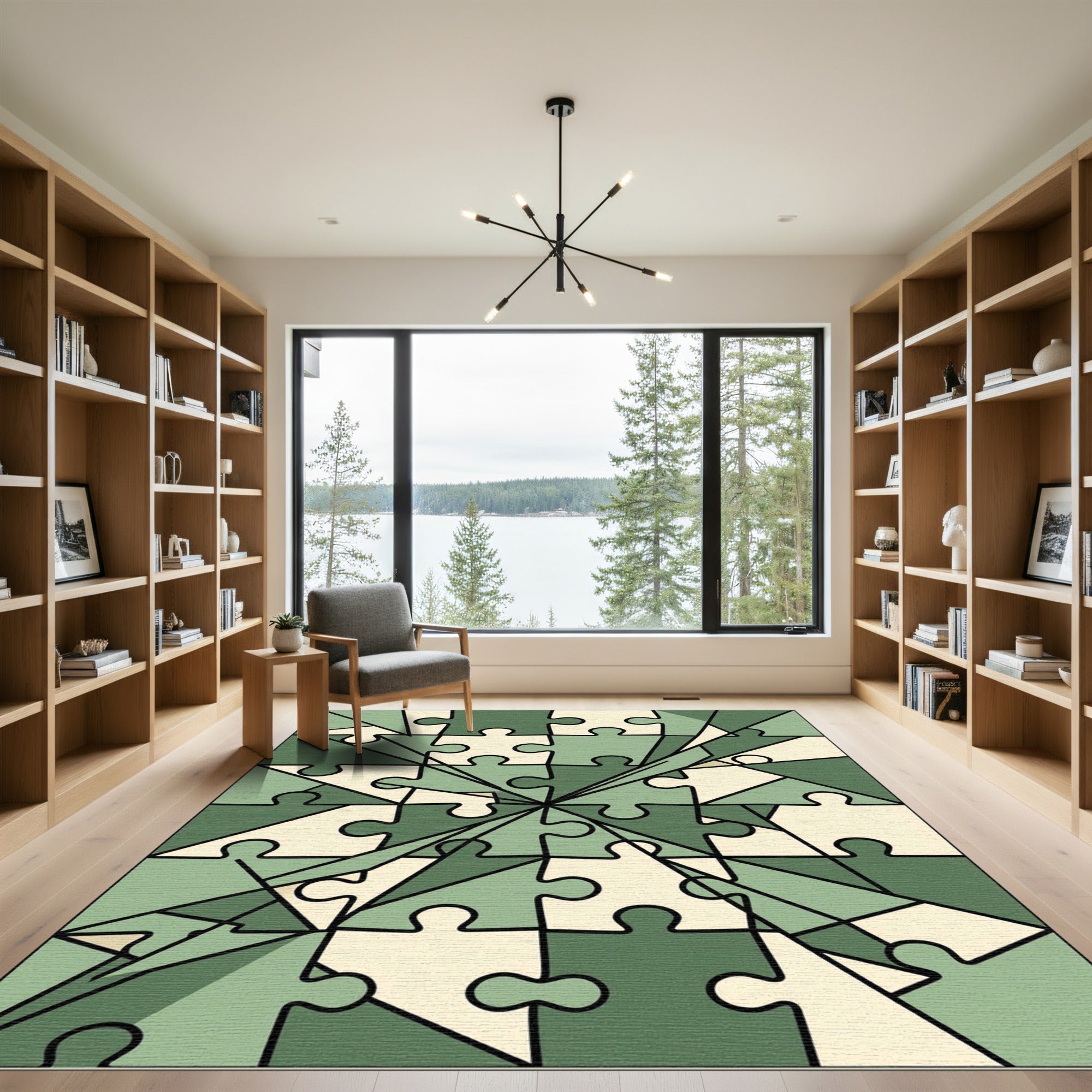 Sage Green Geometric Abstract Puzzle Rug