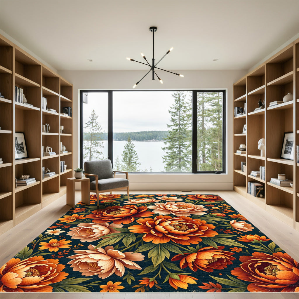 Autumnal Peony Botanical Floral Arrangement Rug