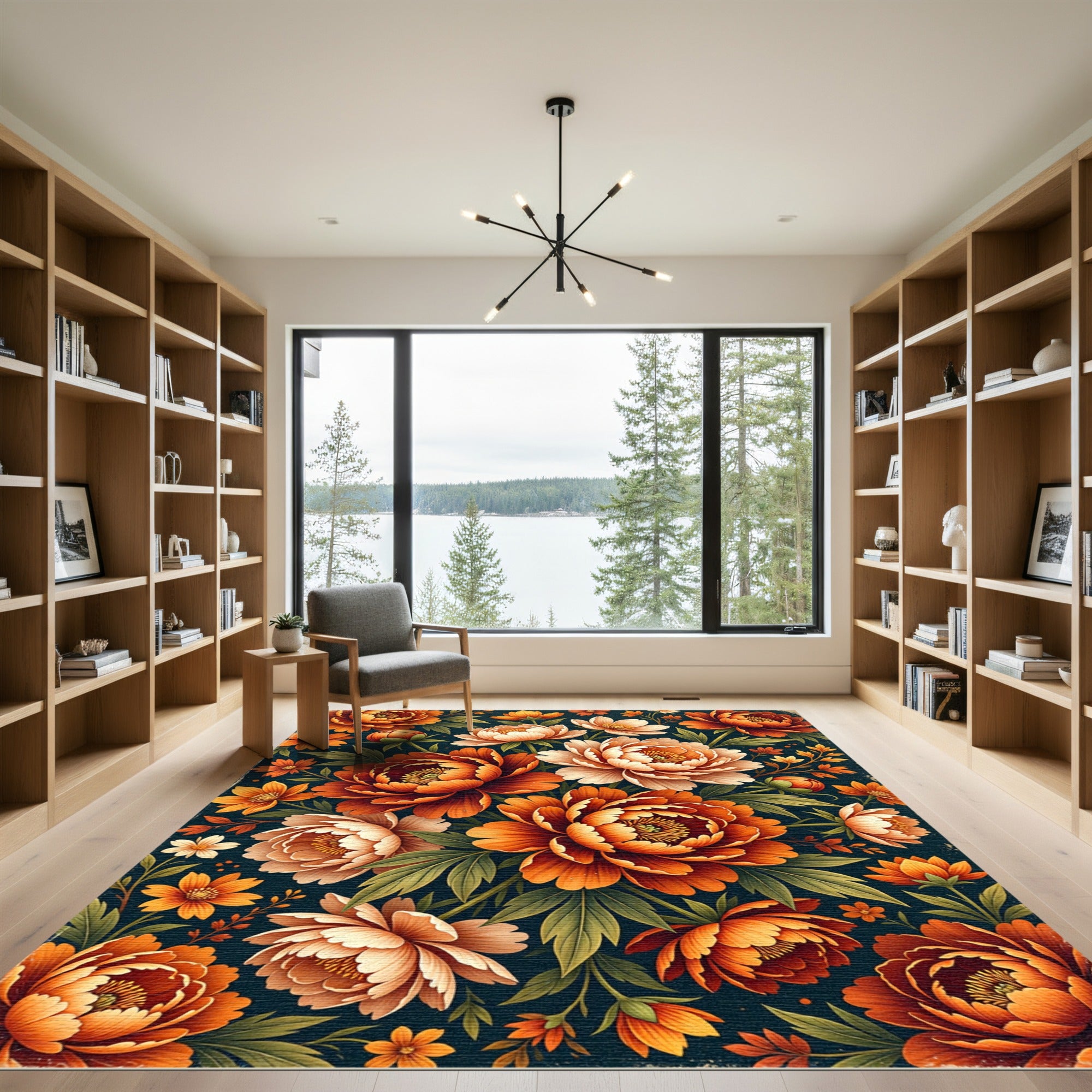 Autumnal Peony Botanical Floral Arrangement Rug