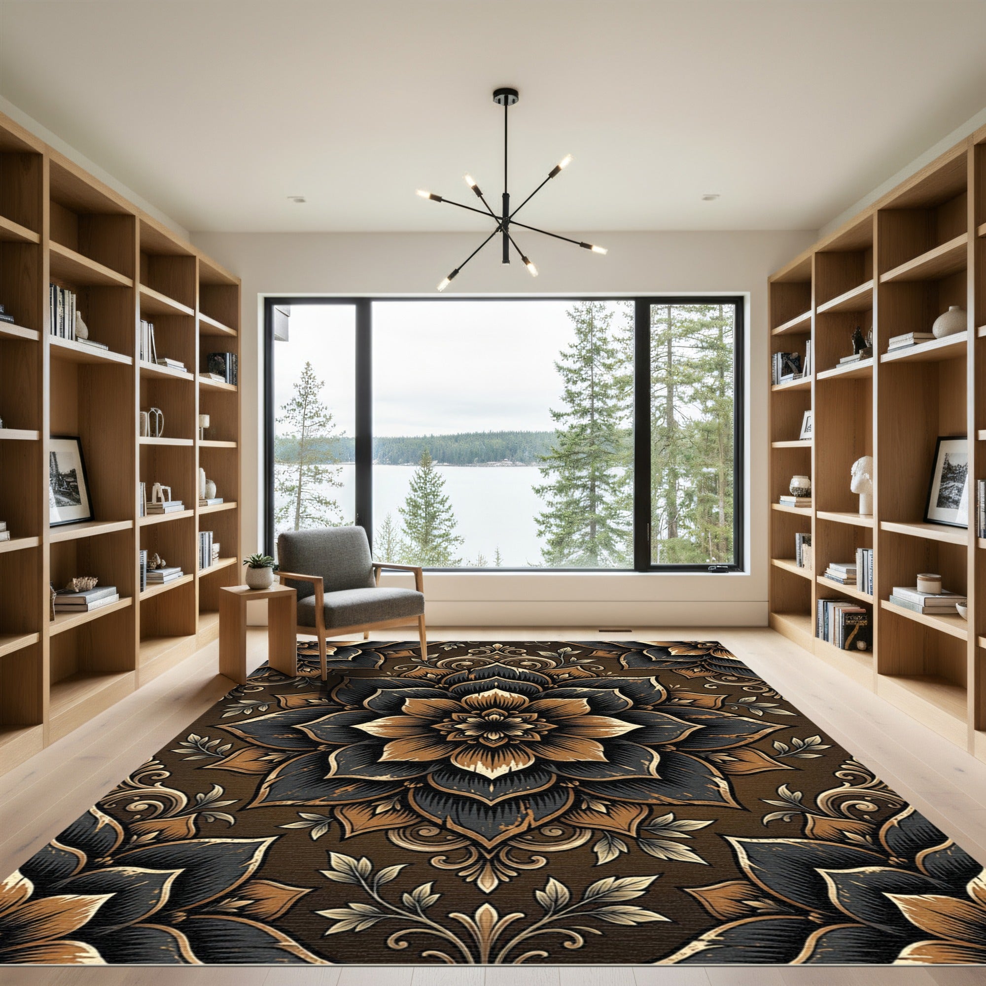Black and Gold Floral Mandala Rug