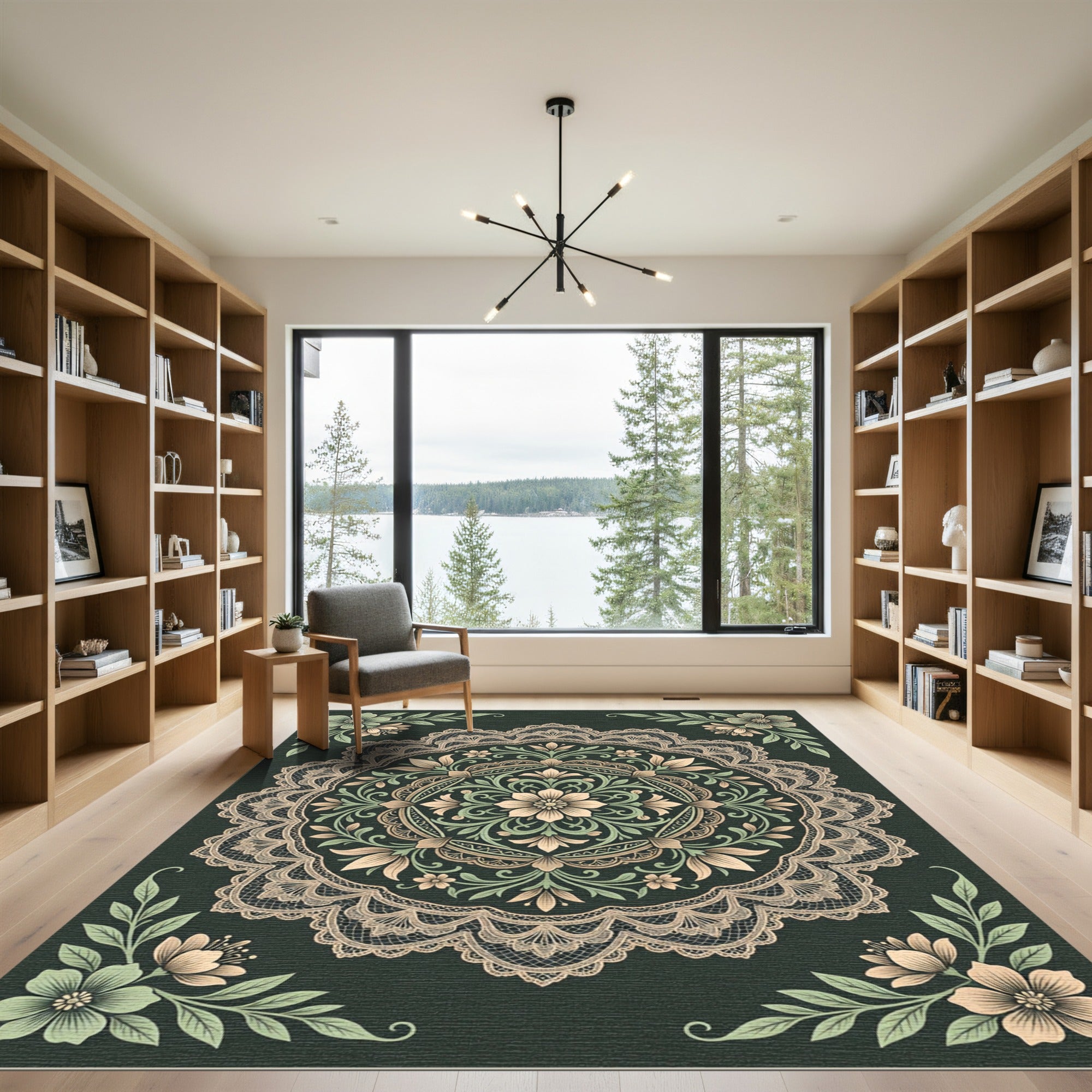 Intricate Sage and Cream Lace Medallion Rug