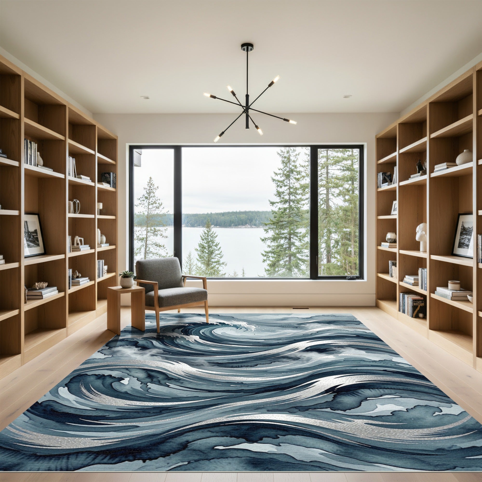 Deep Blue Watercolor Ocean Wave Rug