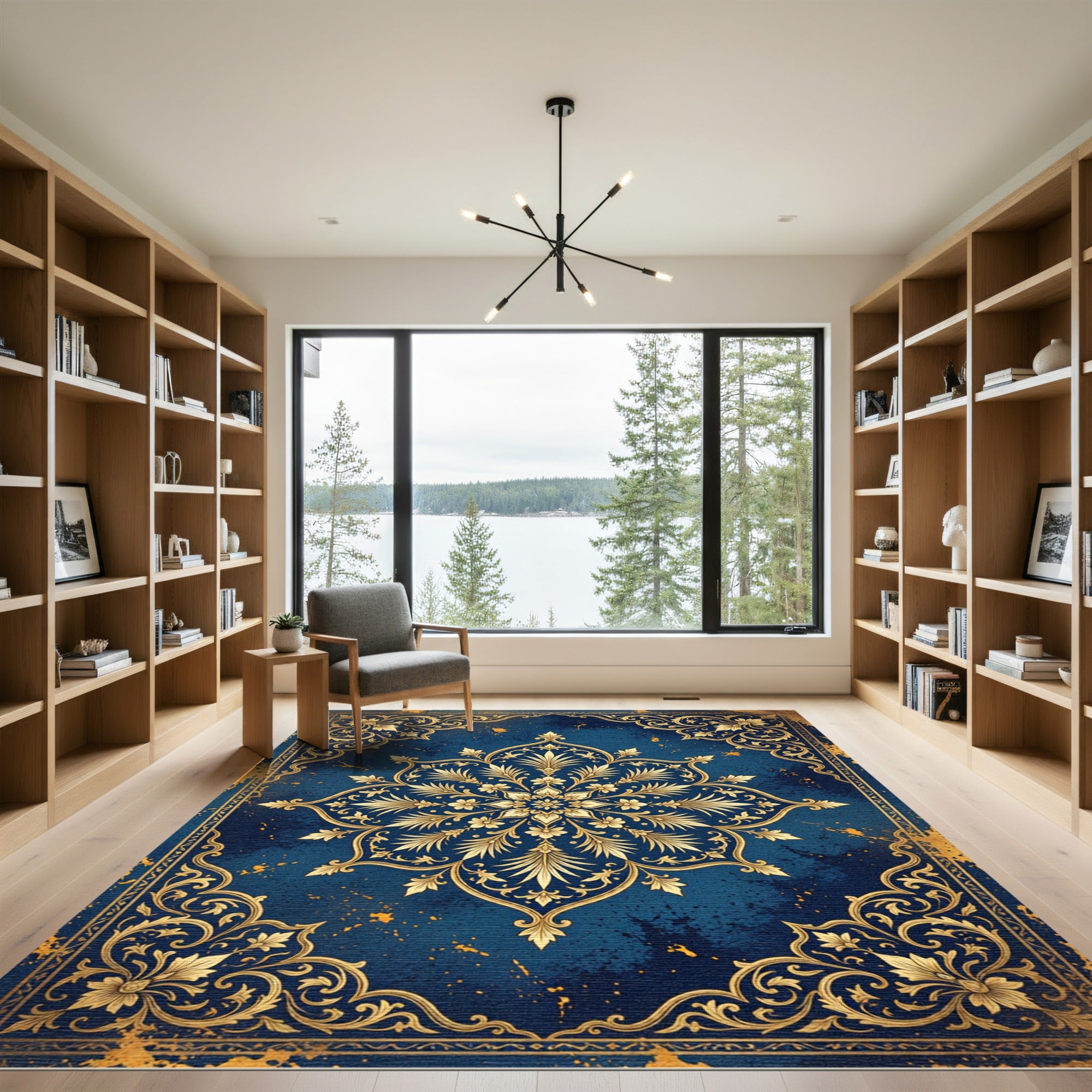 Ornate Gold Floral Medallion Navy Rug