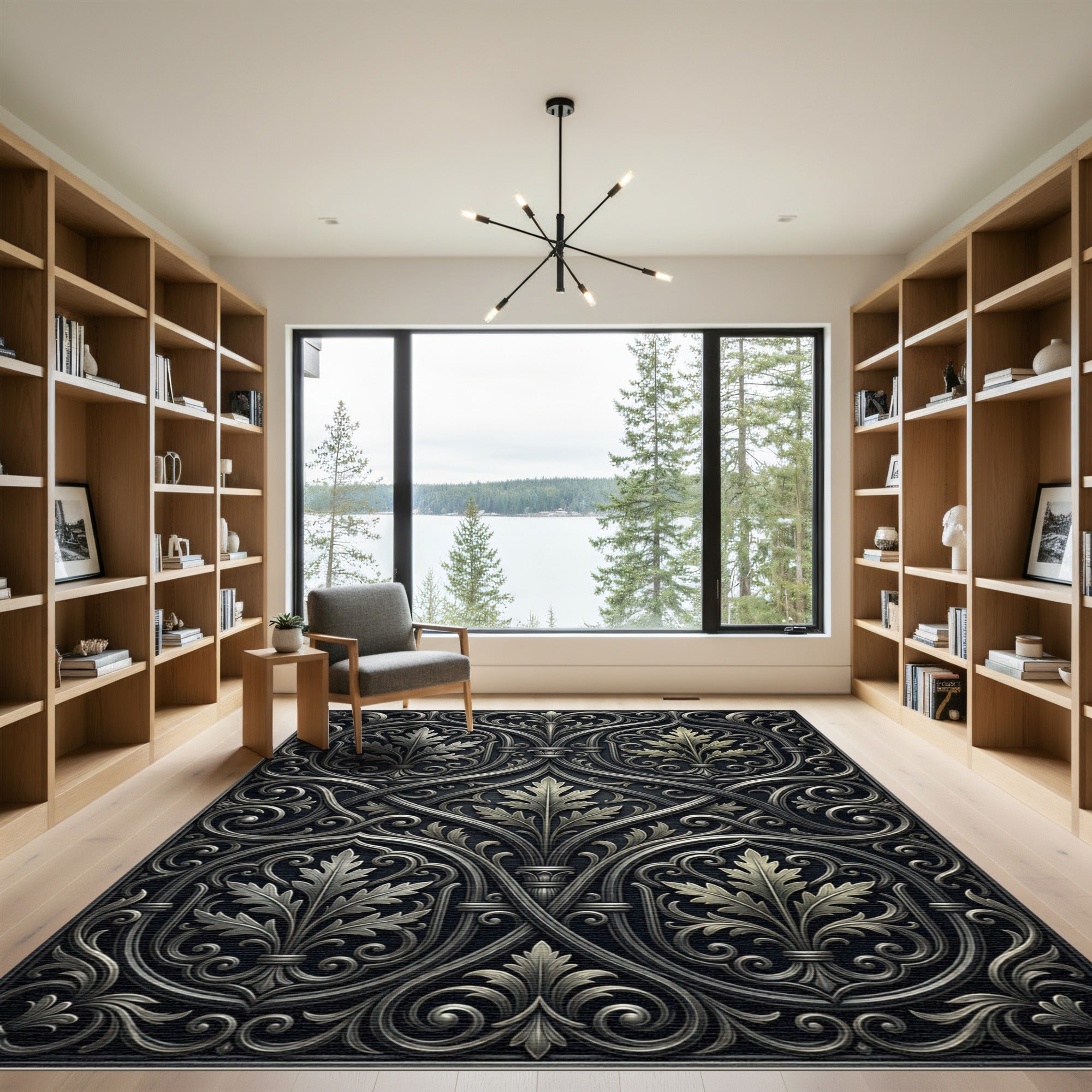 Ornate Silver Foliage Swirls Rug