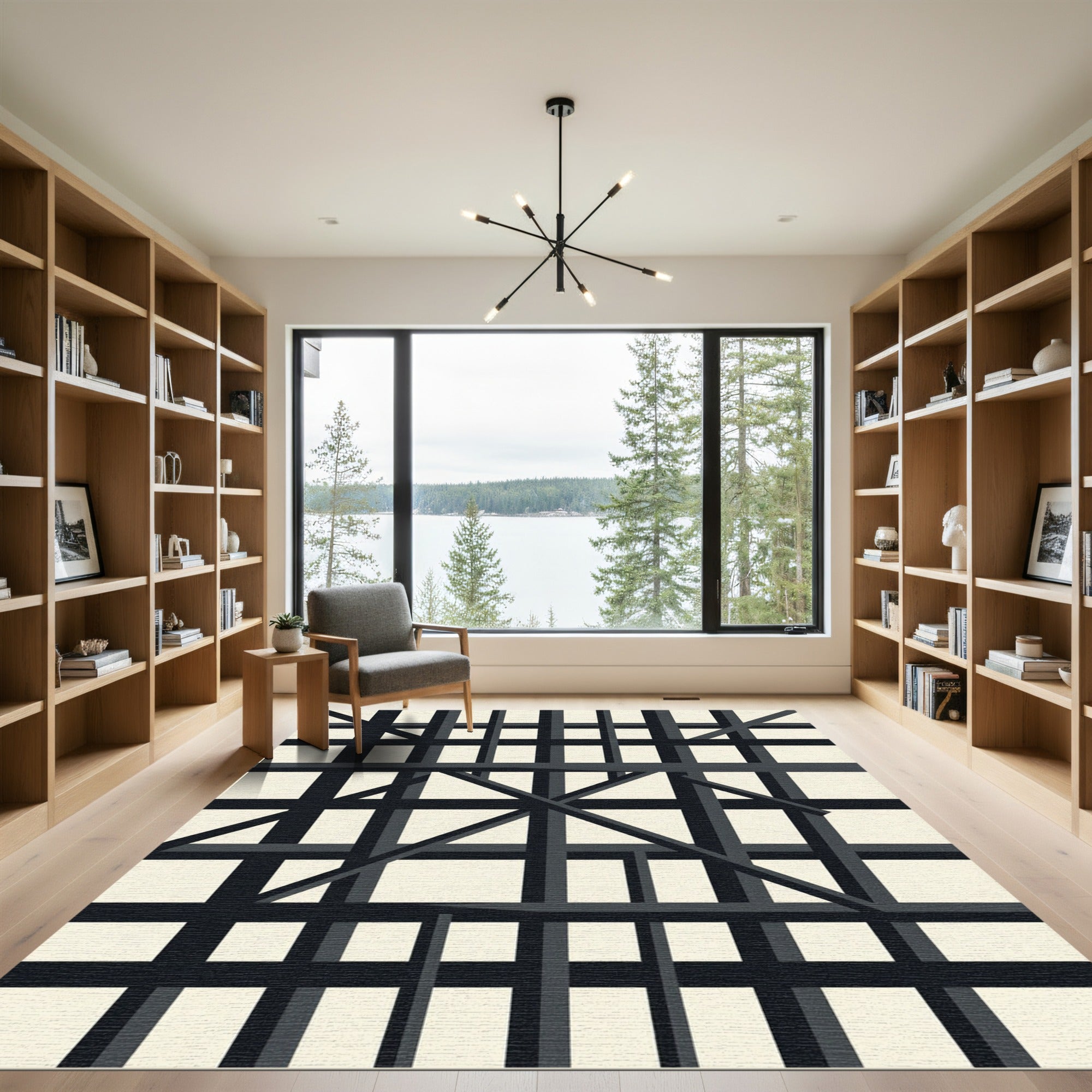 Black White Geometric Architectural Framework Rug