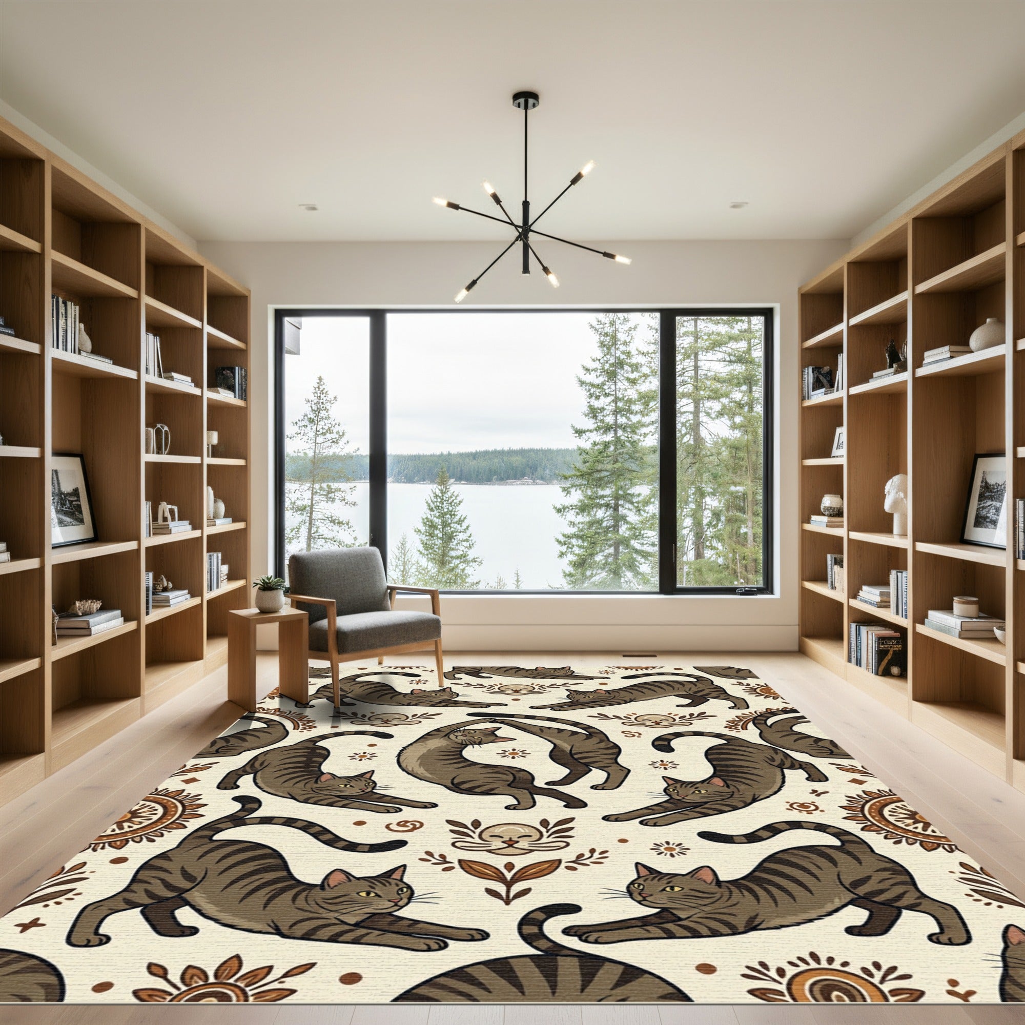 Whimsical Brown Tabby Cat Earthy Medallion Rug