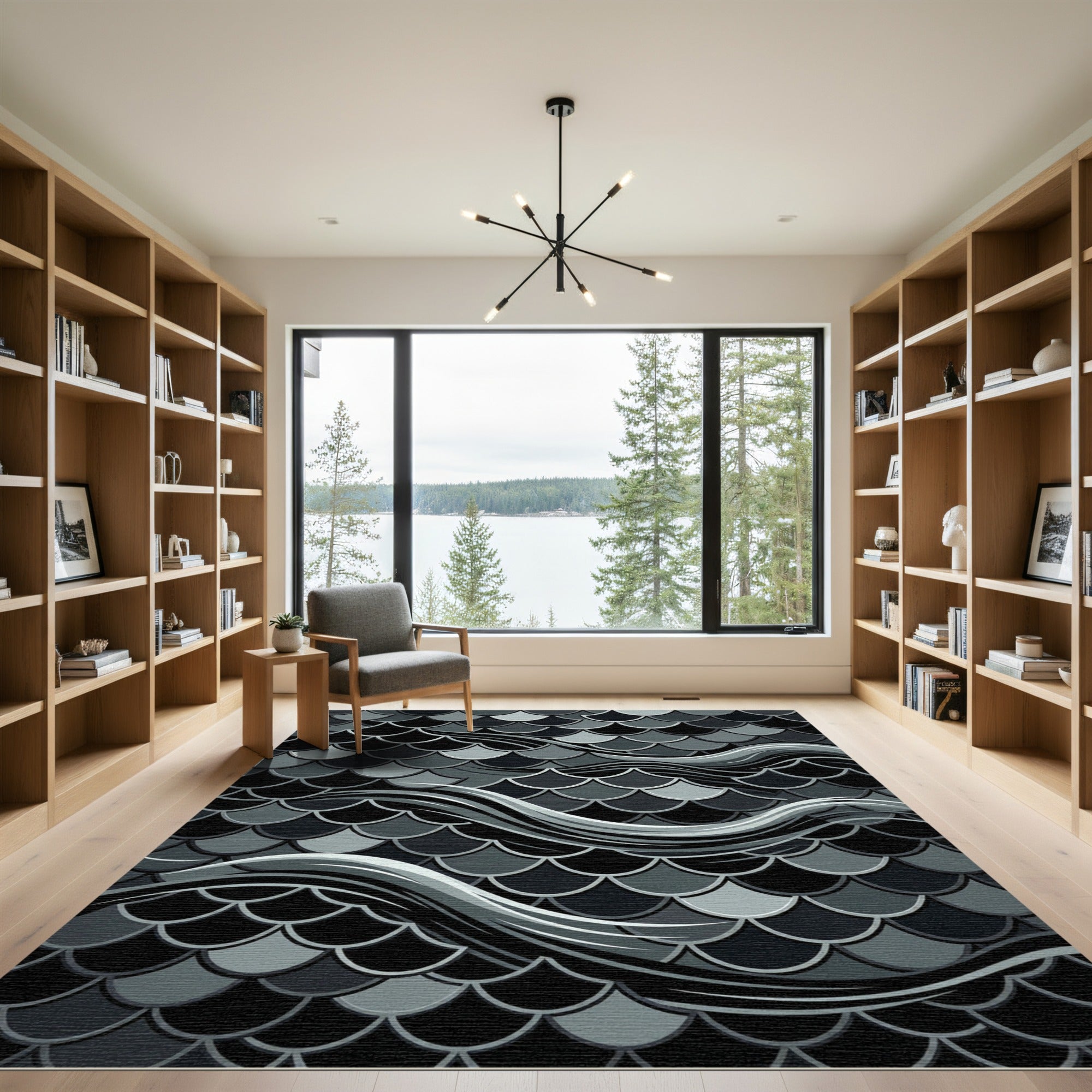 Dark Gray Scale Wave Composition Rug