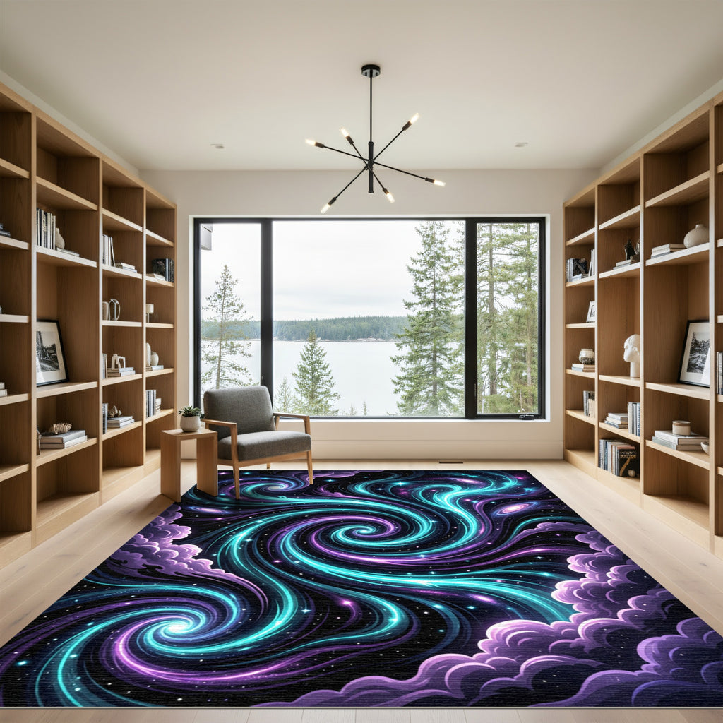 Ethereal Teal and Violet Galactic Spiral Rug