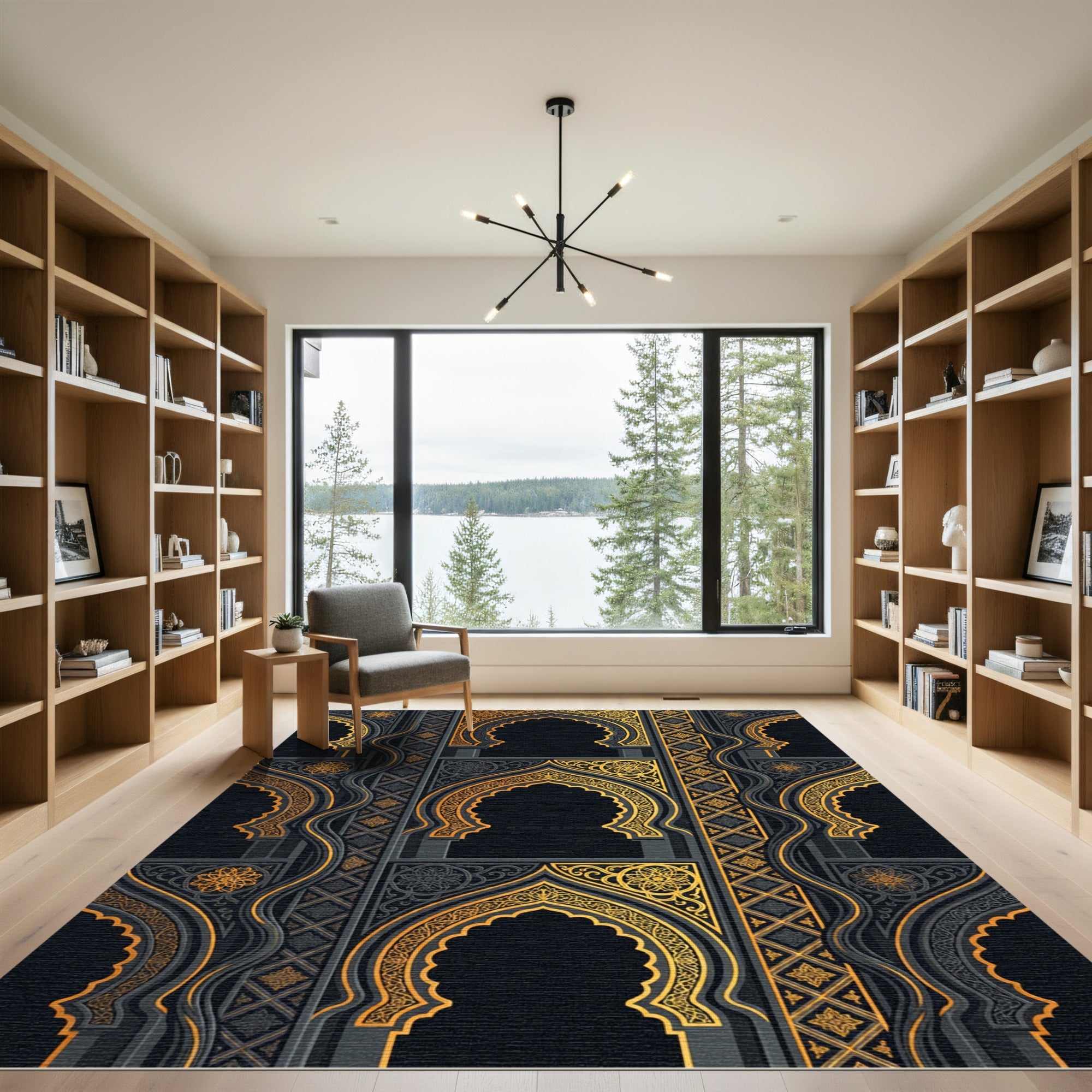Ornate Black and Gold Archway Rug