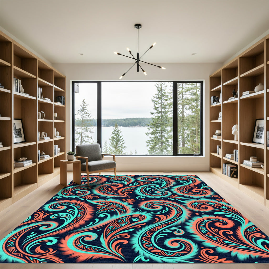 Coral Teal Paisley Swirls Rug